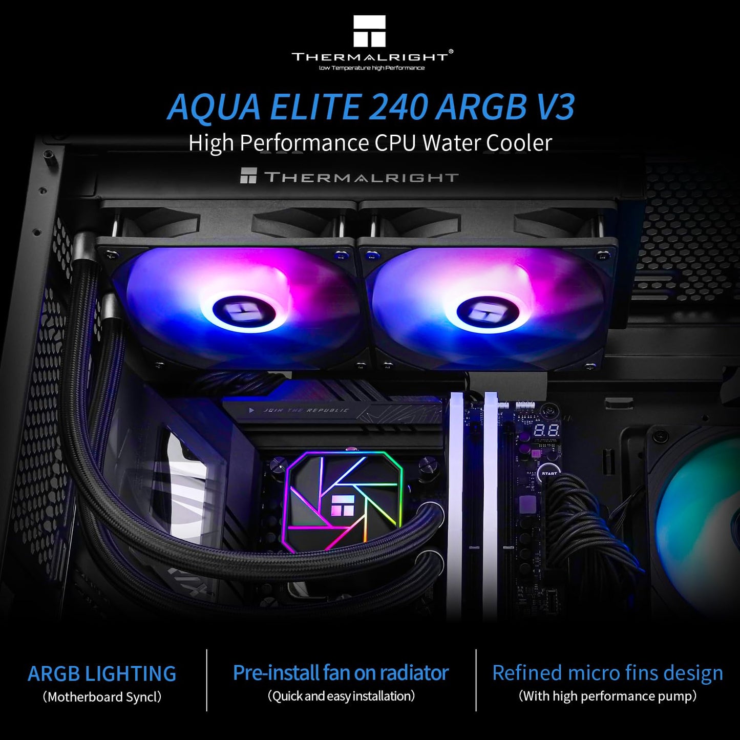 Disipador de calor para CPU Thermalright Aqua Elite 240 V3, ventiladores ARGB PWM dobles con rodamientos S-FDB, bomba controlada por PWM eficiente, para AMD/AM4/AM5, Intel LGA1150/1151/1200/2011/1700 (AE240 V3) 