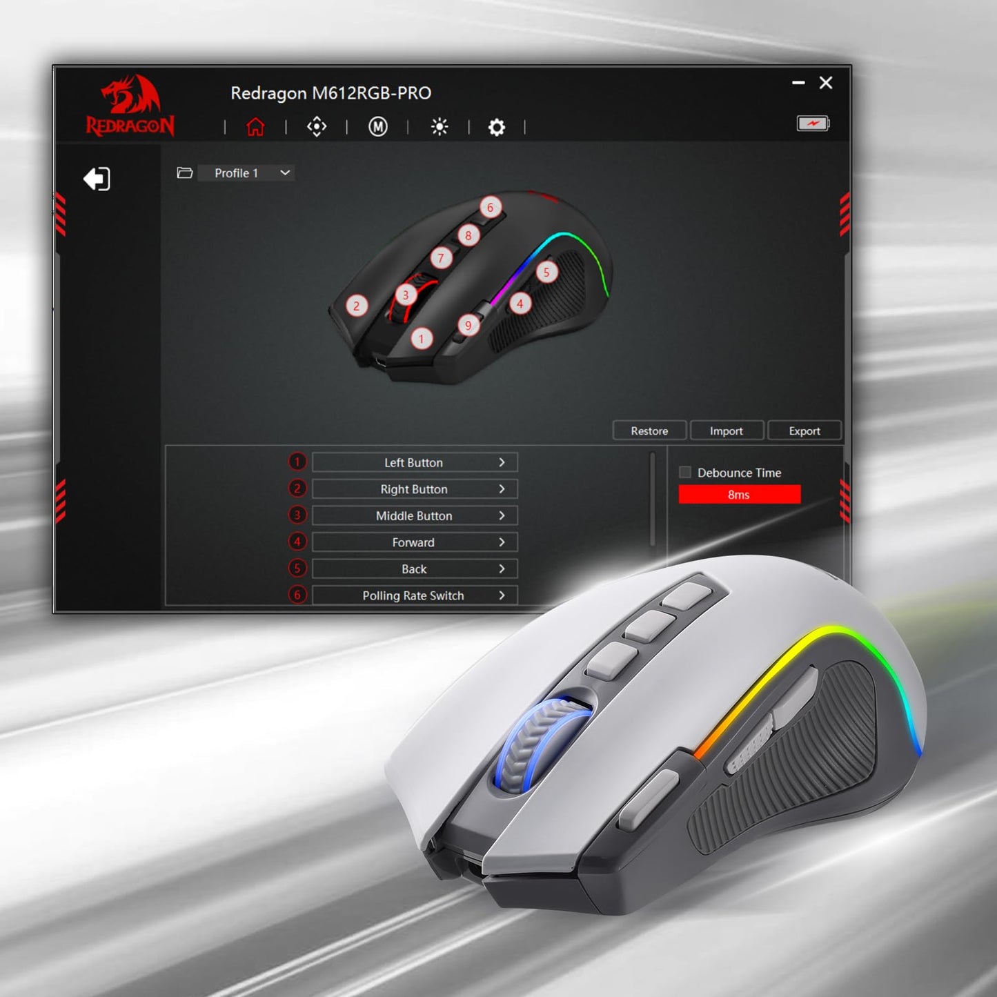 Redragon M612 Predator RGB Gaming Mouse, 8000 DPI Wired Optical Mouse with 11 Programmable Buttons & 5 Backlit Modes, Software Supports DIY Keybinds Rapid Fire Button