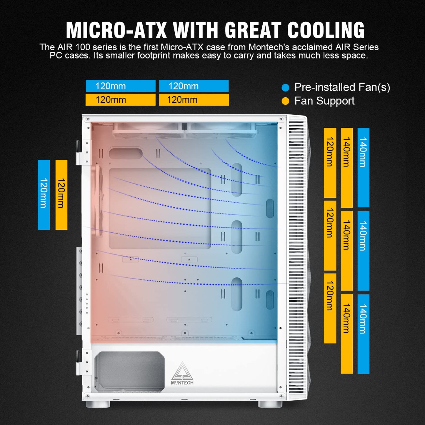 Montech X3 Mesh, 6 ventiladores (3 ventiladores de 140 mm y 3 ventiladores de 120 mm con iluminación RGB fija), gabinete para juegos de PC de torre media ATX, USB 3.0, panel lateral de vidrio templado con puerta abierta, alto flujo de aire, negro 