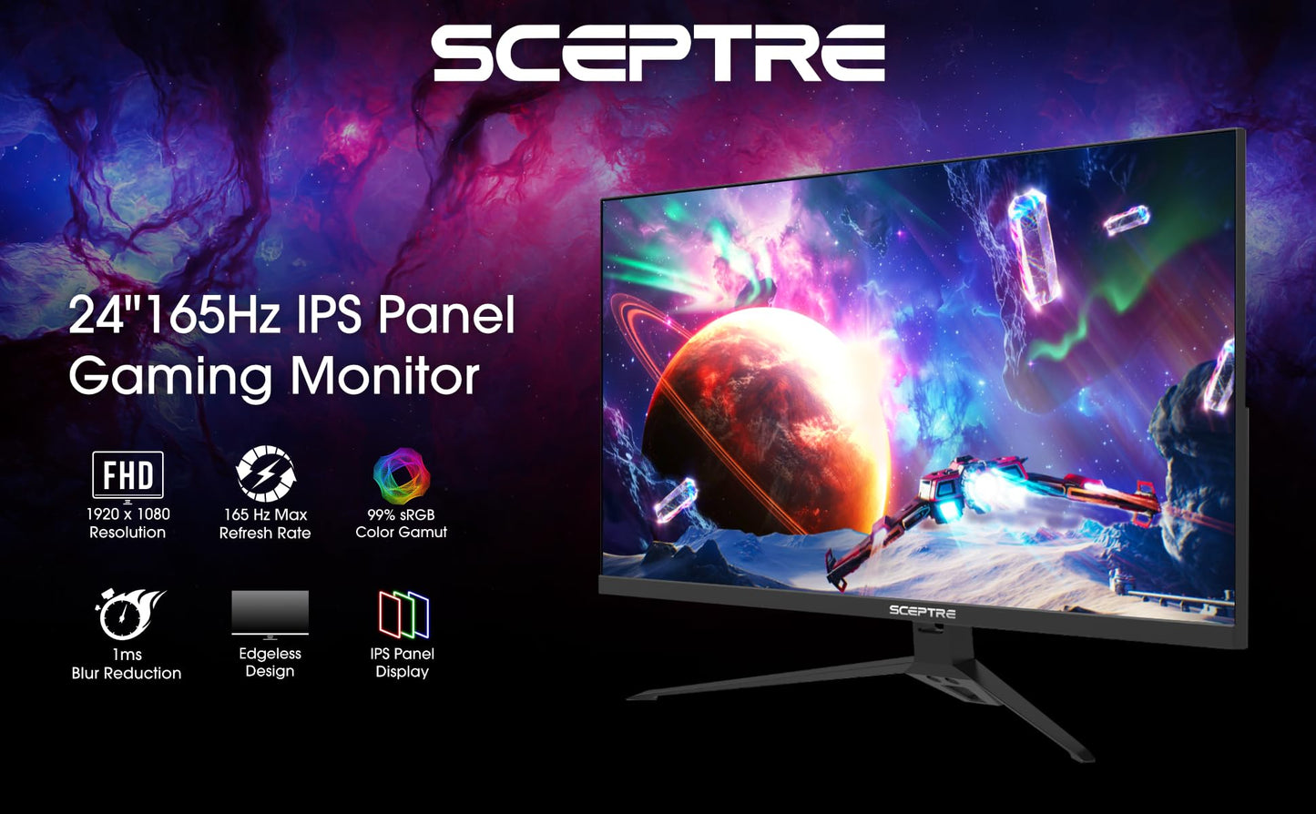 Monitor para juegos Sceptre IPS de 24", 165 Hz, 144 Hz, Full HD (1920 x 1080), FreeSync Eye Care, FPS, RTS, DisplayPort, HDMI, parlantes integrados, negro máquina 2020 (E248B-FPT168), IPS de 24", 165 Hz 