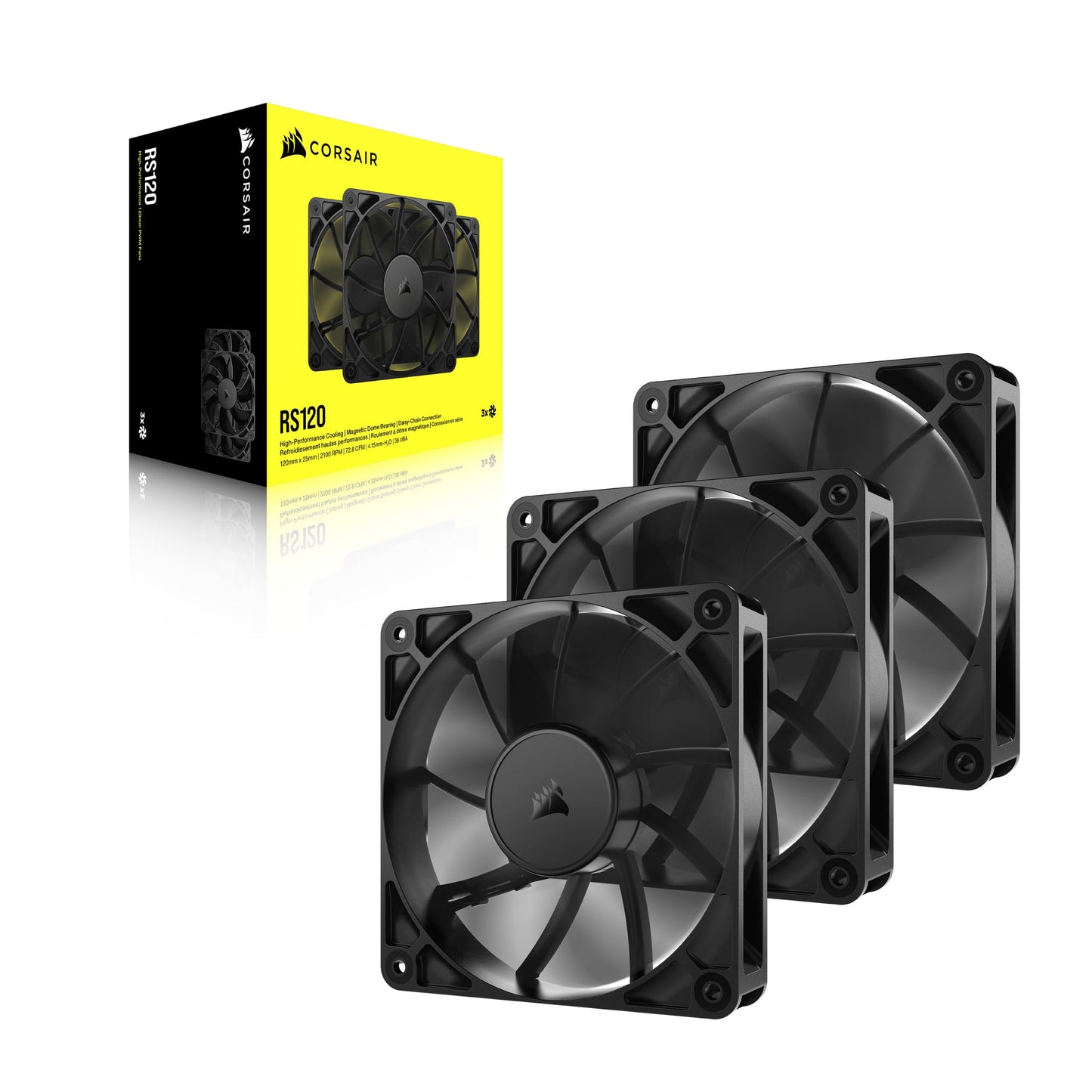 CORSAIR RS120 120mm PWM Fans – Daisy-Chain Connection – Low-Noise – Magnetic Dome Bearing – Triple Pack – Black