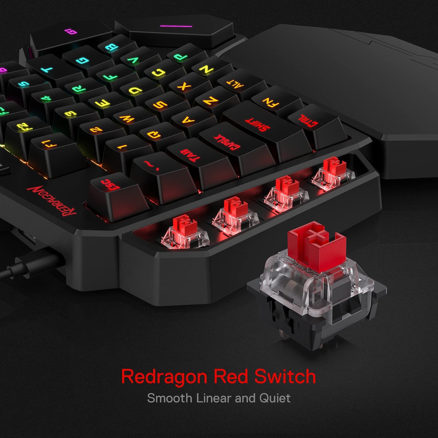 Teclado mecánico para juegos con cable RGB de una mano Redragon K585 DITI, teclado para juegos profesional tipo C de 42 teclas con conector intercambiable en caliente mejorado, 7 teclas macro integradas y reposamuñecas desmontable 