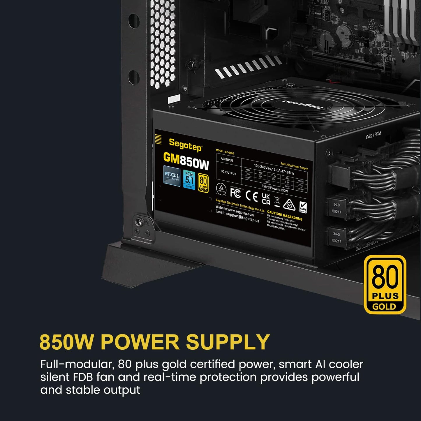 Segotep GM850 Power Supply 850W, PCIe 5.1 & ATX 3.1 Full Modular 80 Plus Gold Certified Gaming PSU for NVIDIA RTX 20/30/40/50 Series and AMD Graphics Cards