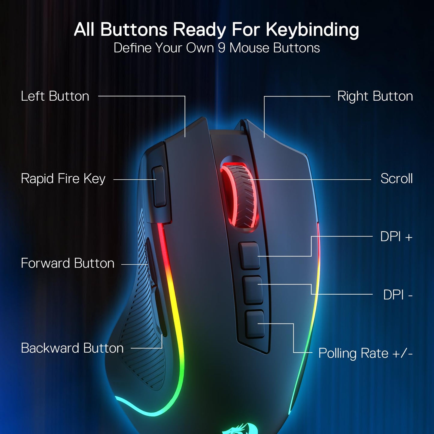 Ratón para juegos Redragon M612 Predator RGB, ratón óptico con cable de 8000 DPI con 11 botones programables y 5 modos de retroiluminación, software compatible con combinaciones de teclas DIY, botón de disparo rápido 