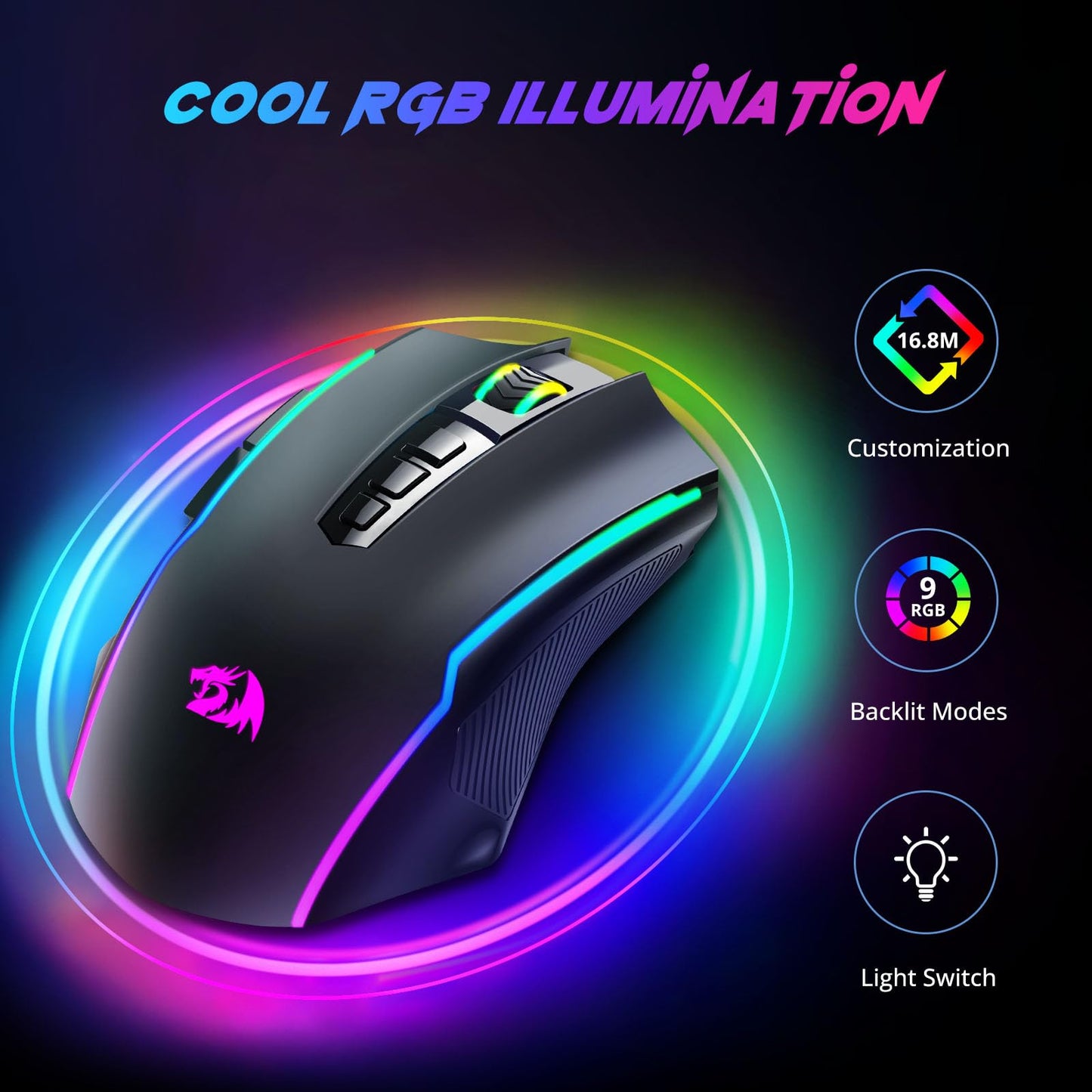 Ratón para juegos Redragon, ratón inalámbrico para juegos con 8000 DPI, ratón para juegos de PC con botón de disparo, ratón ergonómico programable con retroiluminación RGB, recargable, 70 horas para Windows, Mac Gamer, negro 