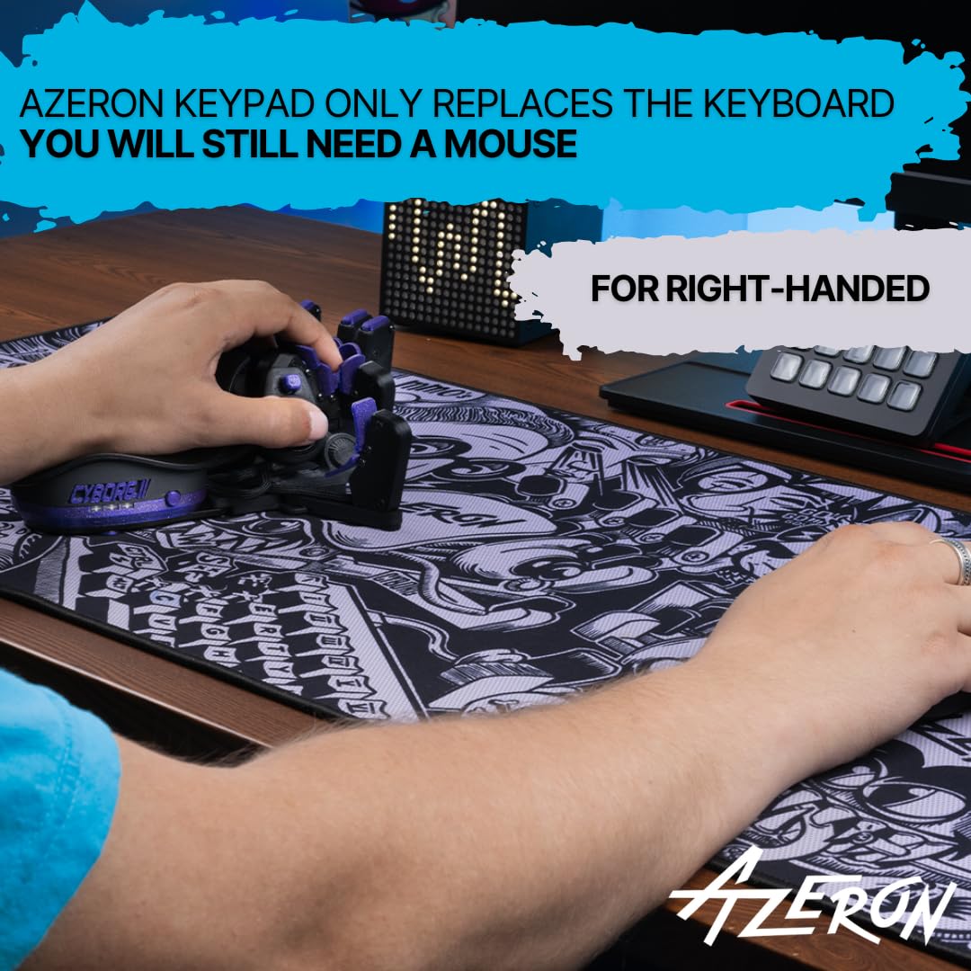 AZERON Gaming Keypad – Programmable One Handed Gaming Keyboard for PC Gaming, Hall effect Joystick and 30 Programmable Keys, 3D Printed Keypad for Righties (Blue, Cyborg II)