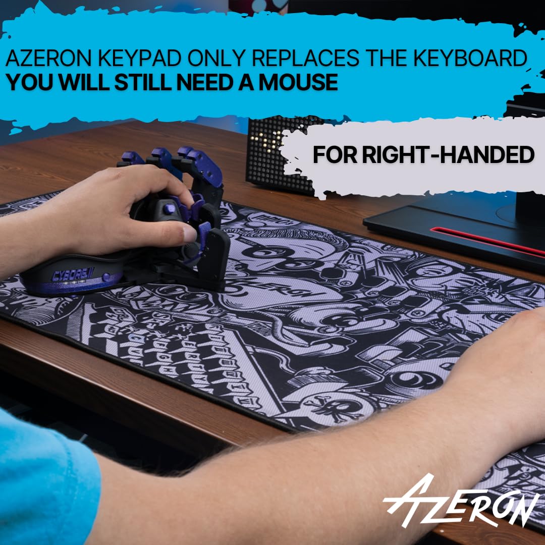 AZERON Gaming Keypad – Programmable One Handed Gaming Keyboard for PC Gaming, Hall effect Joystick and 30 Programmable Keys, 3D Printed Keypad for Righties (Blue, Cyborg II)