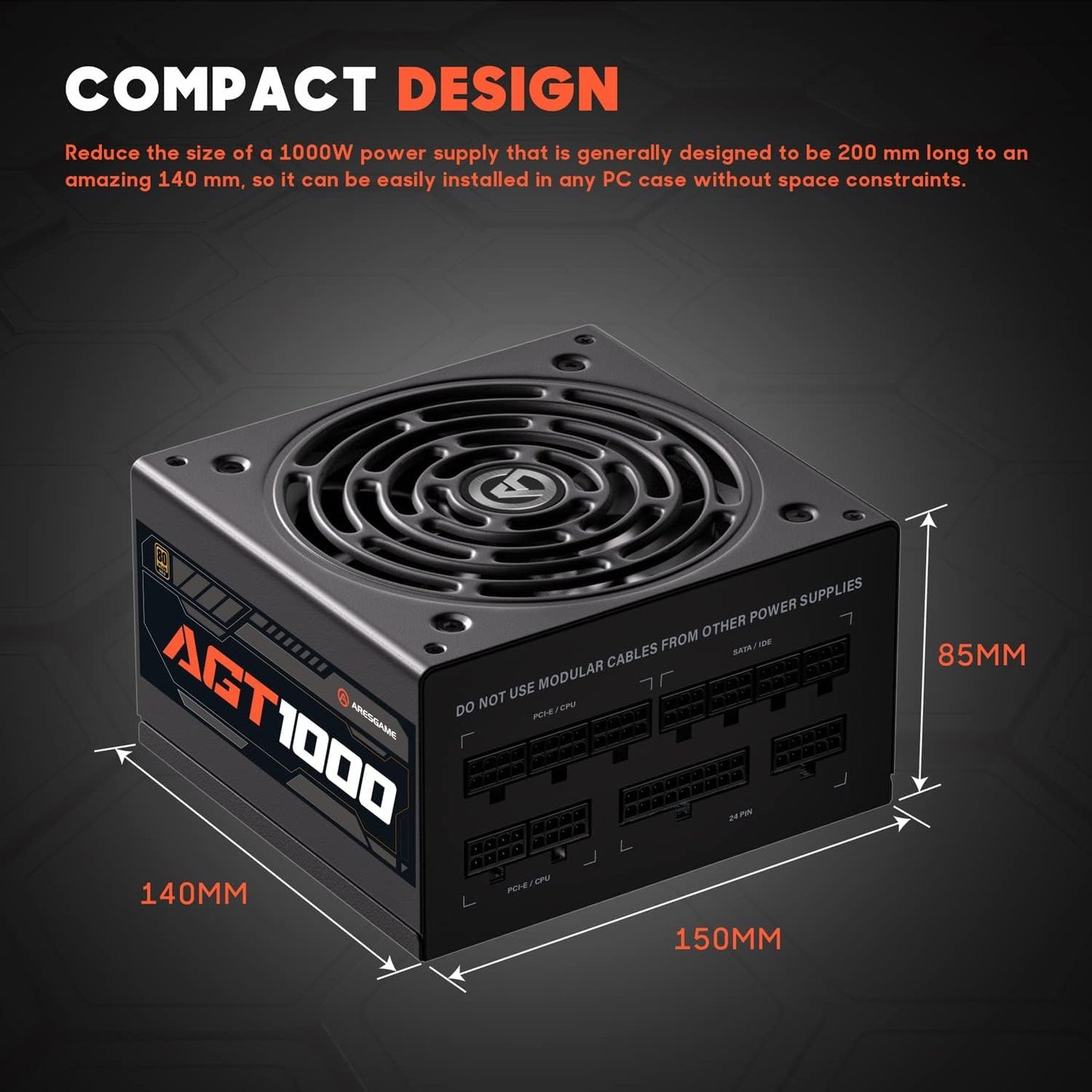 AGT Series 1000W Power Supply, 80+ Gold Certified, Fully Modular, FDB Fan, Compact 140mm Size, 10 Year Warranty, ATX Gaming Power Supply