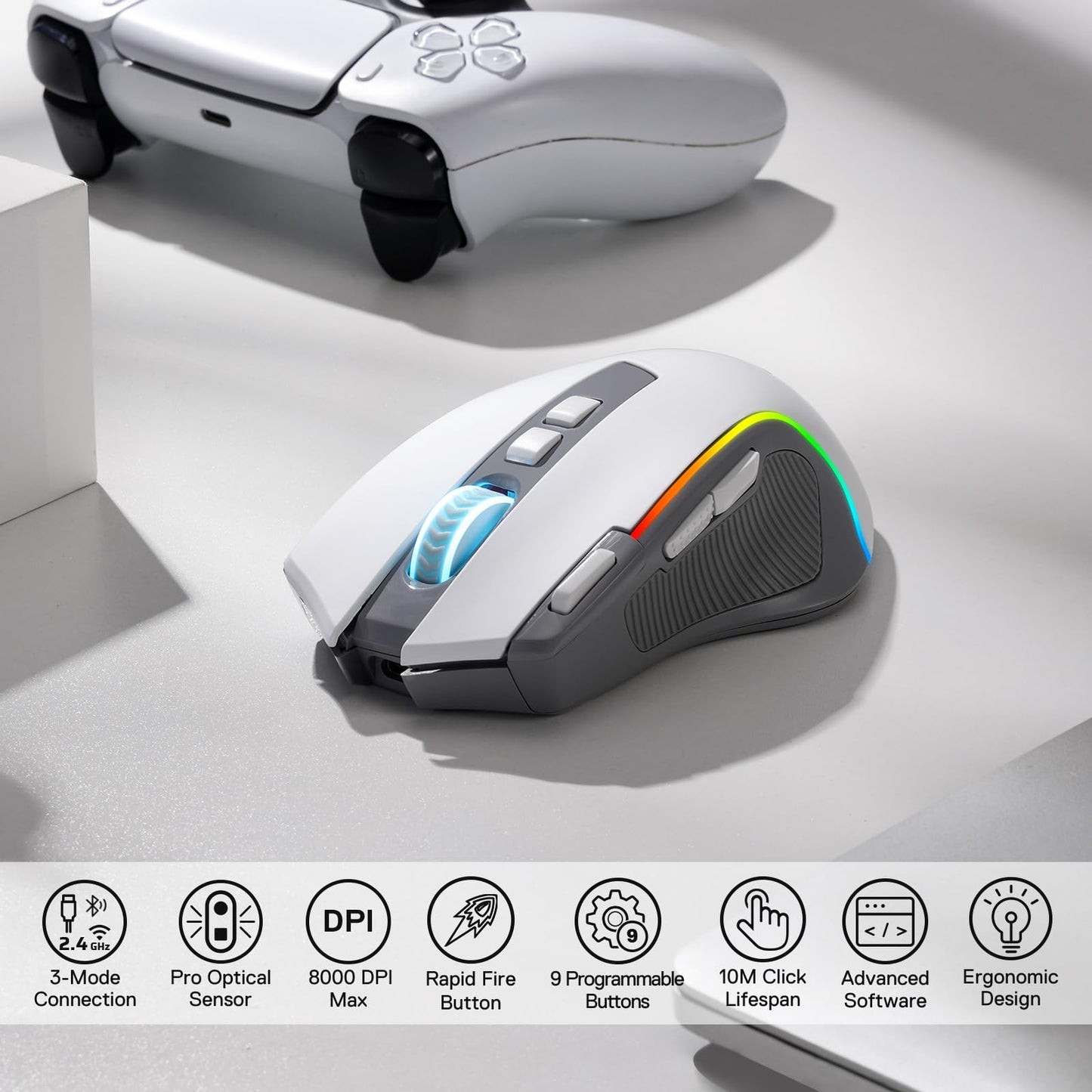 Redragon M612 Predator RGB Gaming Mouse, 8000 DPI Wired Optical Mouse with 11 Programmable Buttons & 5 Backlit Modes, Software Supports DIY Keybinds Rapid Fire Button