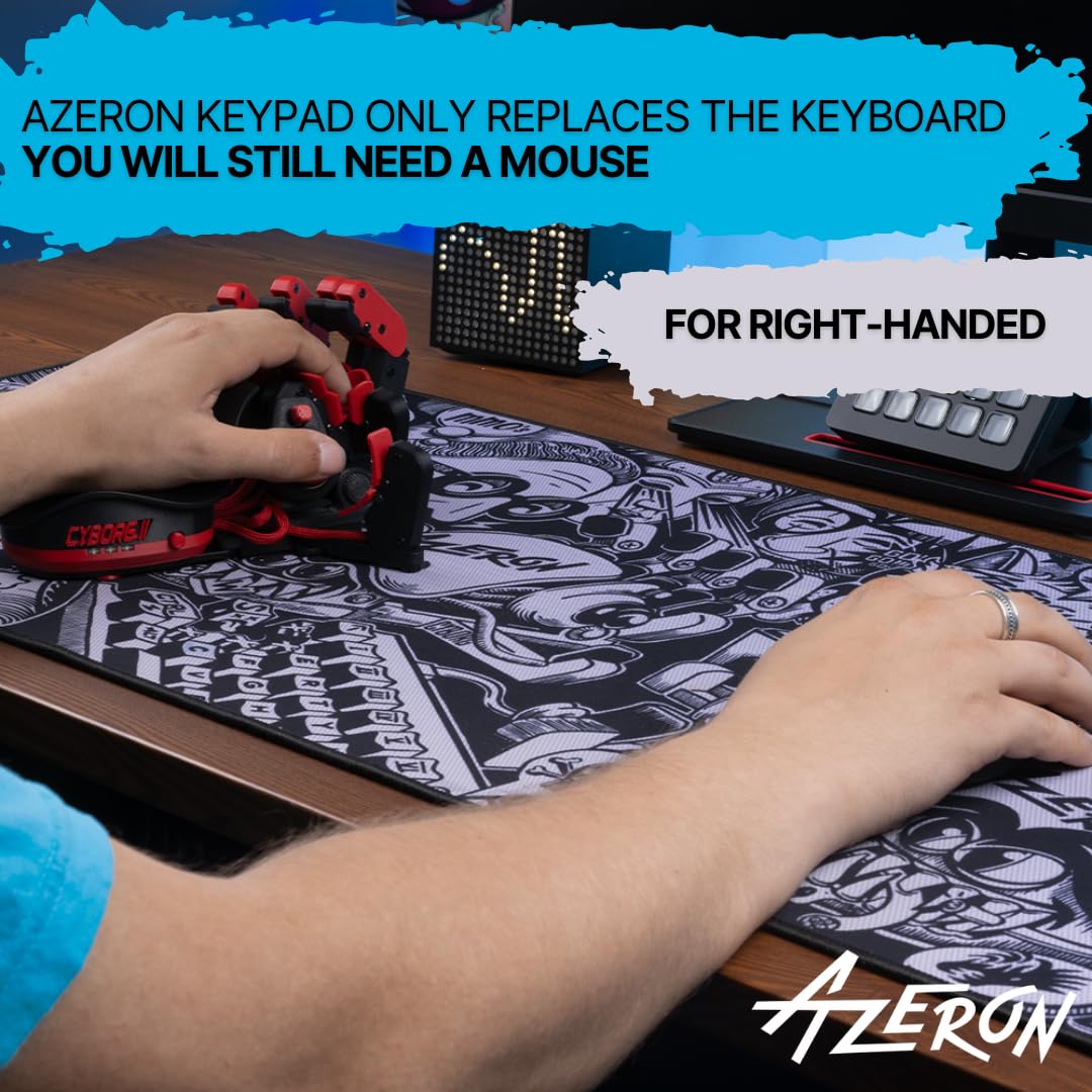 AZERON Gaming Keypad – Programmable One Handed Gaming Keyboard for PC Gaming, Hall effect Joystick and 30 Programmable Keys, 3D Printed Keypad for Righties (Blue, Cyborg II)