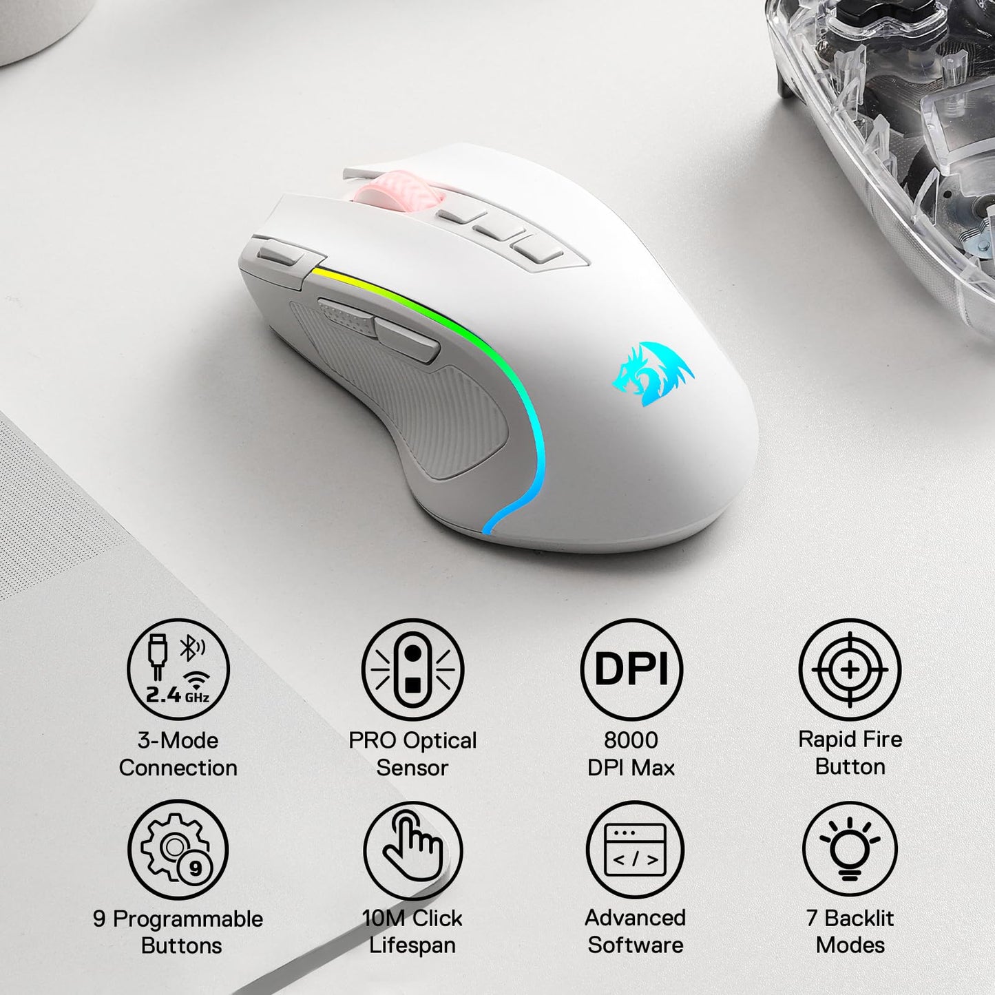 Redragon M612 Predator RGB Gaming Mouse, 8000 DPI Wired Optical Mouse with 11 Programmable Buttons & 5 Backlit Modes, Software Supports DIY Keybinds Rapid Fire Button