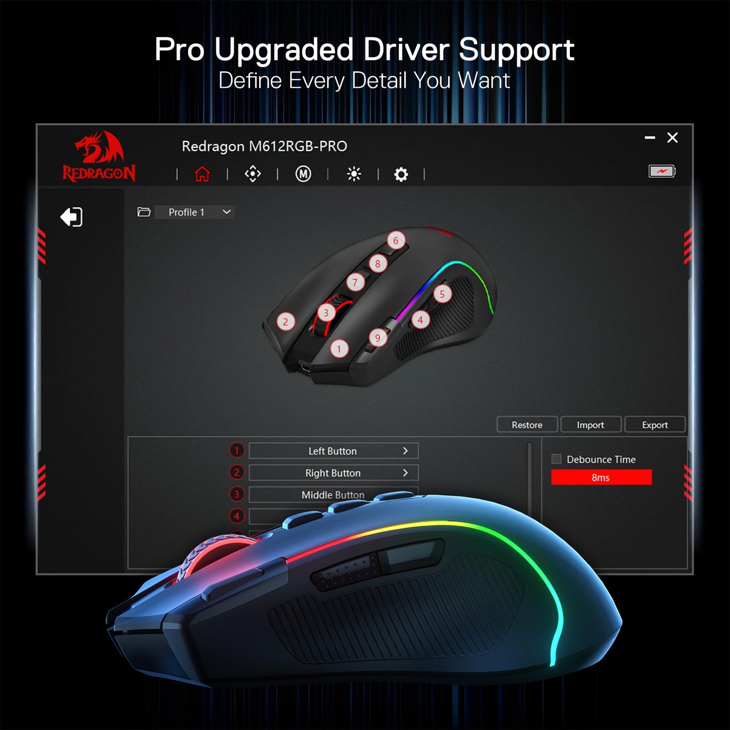 Redragon M612 Predator RGB Gaming Mouse, 8000 DPI Wired Optical Mouse with 11 Programmable Buttons & 5 Backlit Modes, Software Supports DIY Keybinds Rapid Fire Button