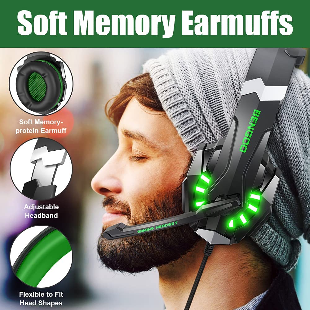 Auriculares estéreo para juegos BENGOO G9000 para PS4, PC, Xbox One, controlador PS5, auriculares con cancelación de ruido y micrófono, luz LED, graves envolventes, orejeras suaves con memoria (azul) 