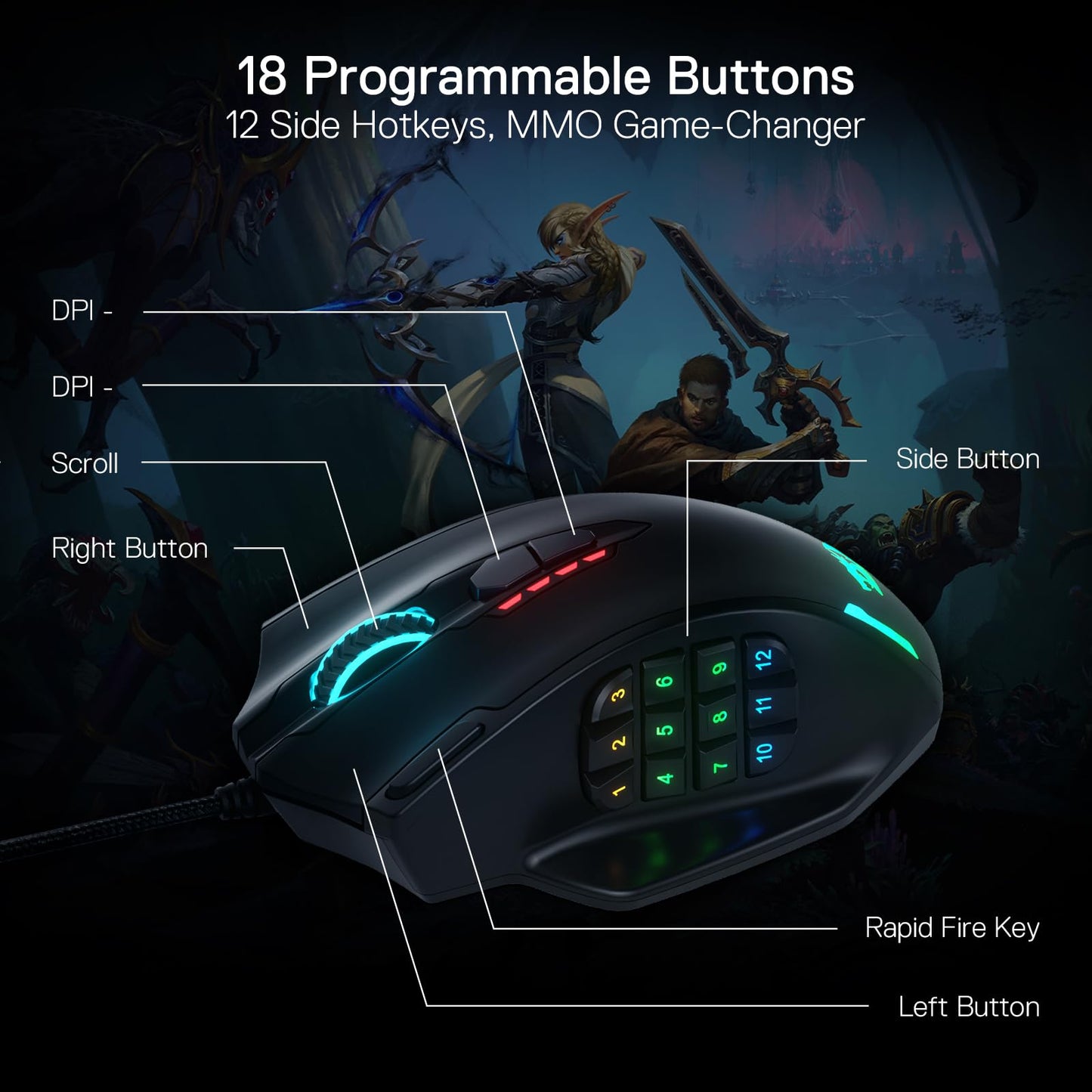 Redragon M908 Impact RGB LED MMO Gaming Mouse with 12 Side Buttons, Optical Wired Ergonomic Mouse with Max 12,400DPI, High Precision, 18 Programmable Macro Shortcuts, Comfort Grip