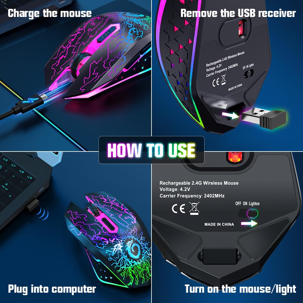 VersionTECH. Wireless Gaming Mouse, Rechargeable Computer Mouse Mice with Colorful LED Lights, Silent Click, 2.4G USB Nano Receiver, 3 Level DPI for PC Gamer Laptop Desktop Chromebook Mac-Black