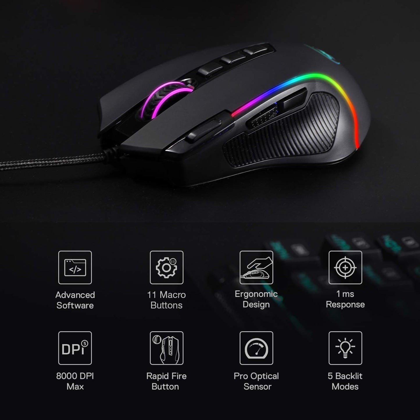 Ratón para juegos Redragon M612 Predator RGB, ratón óptico con cable de 8000 DPI con 11 botones programables y 5 modos de retroiluminación, software compatible con combinaciones de teclas DIY, botón de disparo rápido 