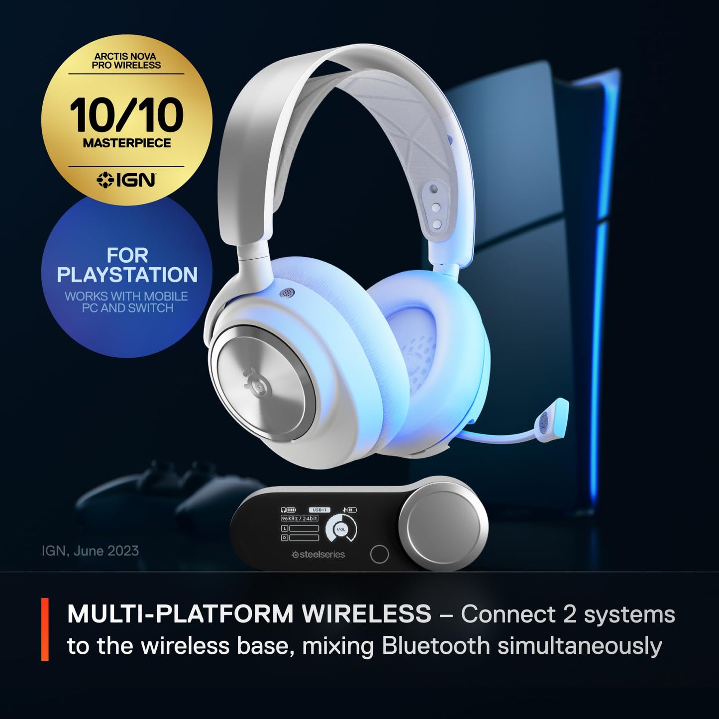 SteelSeries Arctis Nova Pro Wireless Multi-System Gaming Headset - Premium Hi-Fi Drivers - Active Noise Cancellation - Infinity Power System - Stealth Retractable Mic - PC, PS5/PS4, Switch, Mobile