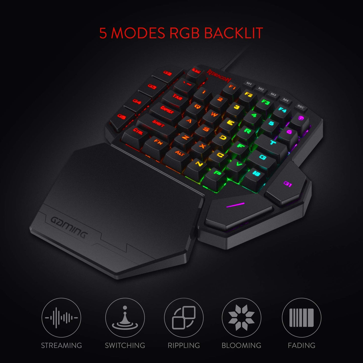 Teclado mecánico para juegos con cable RGB de una mano Redragon K585 DITI, teclado para juegos profesional tipo C de 42 teclas con conector intercambiable en caliente mejorado, 7 teclas macro integradas y reposamuñecas desmontable 