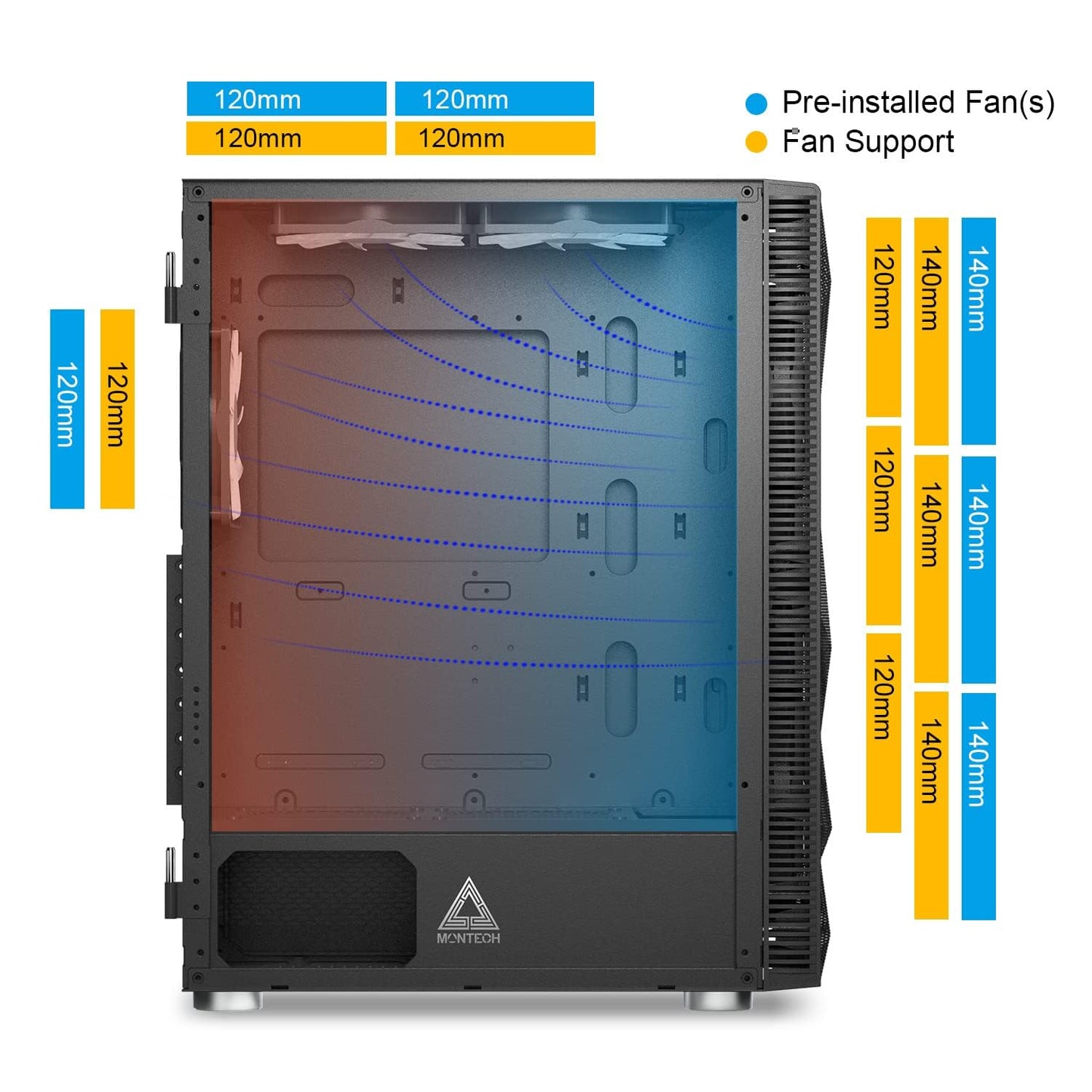 Montech X3 Mesh, 6 ventiladores (3 ventiladores de 140 mm y 3 ventiladores de 120 mm con iluminación RGB fija), gabinete para juegos de PC de torre media ATX, USB 3.0, panel lateral de vidrio templado con puerta abierta, alto flujo de aire, negro 