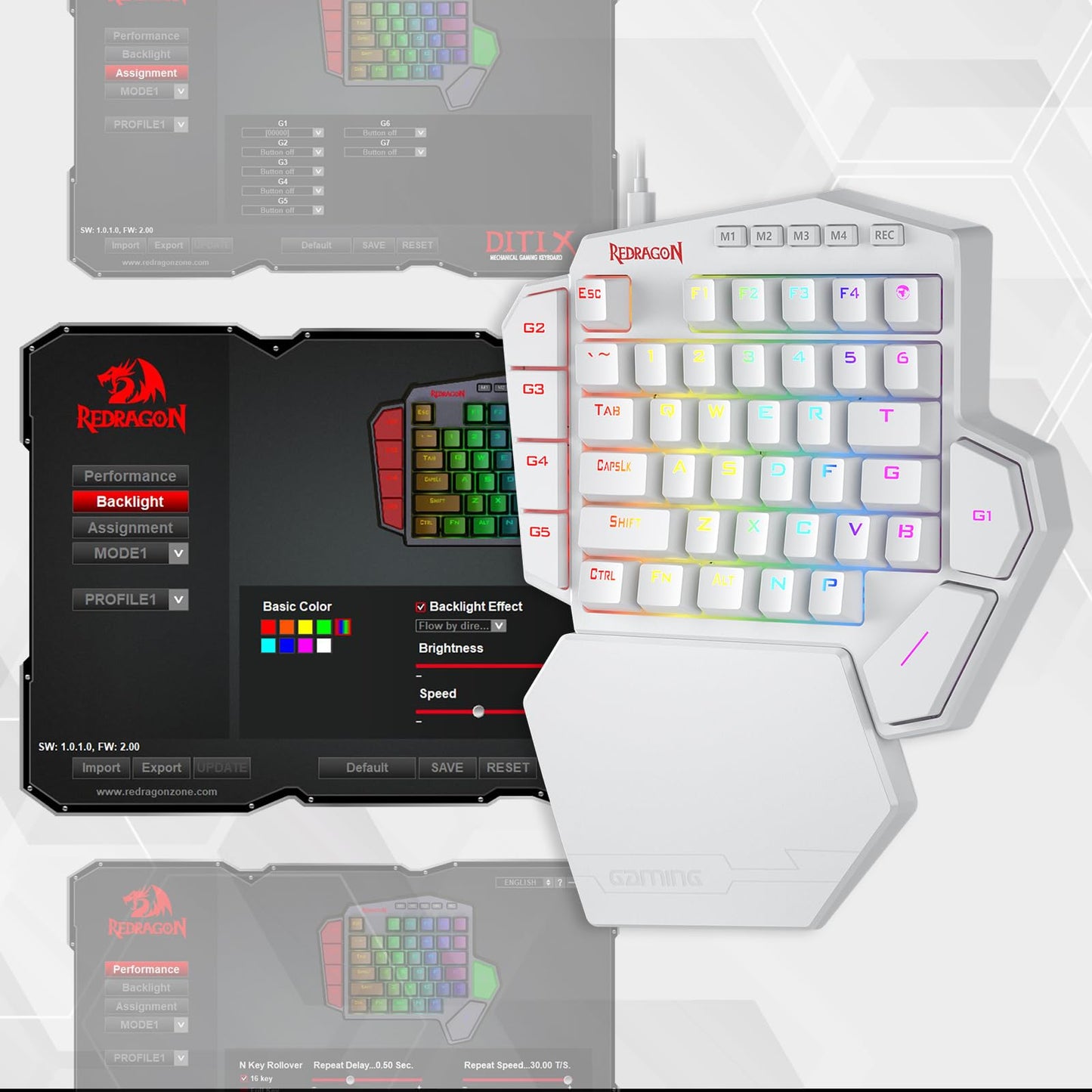 Teclado mecánico para juegos con cable RGB de una mano Redragon K585 DITI, teclado para juegos profesional tipo C de 42 teclas con conector intercambiable en caliente mejorado, 7 teclas macro integradas y reposamuñecas desmontable 