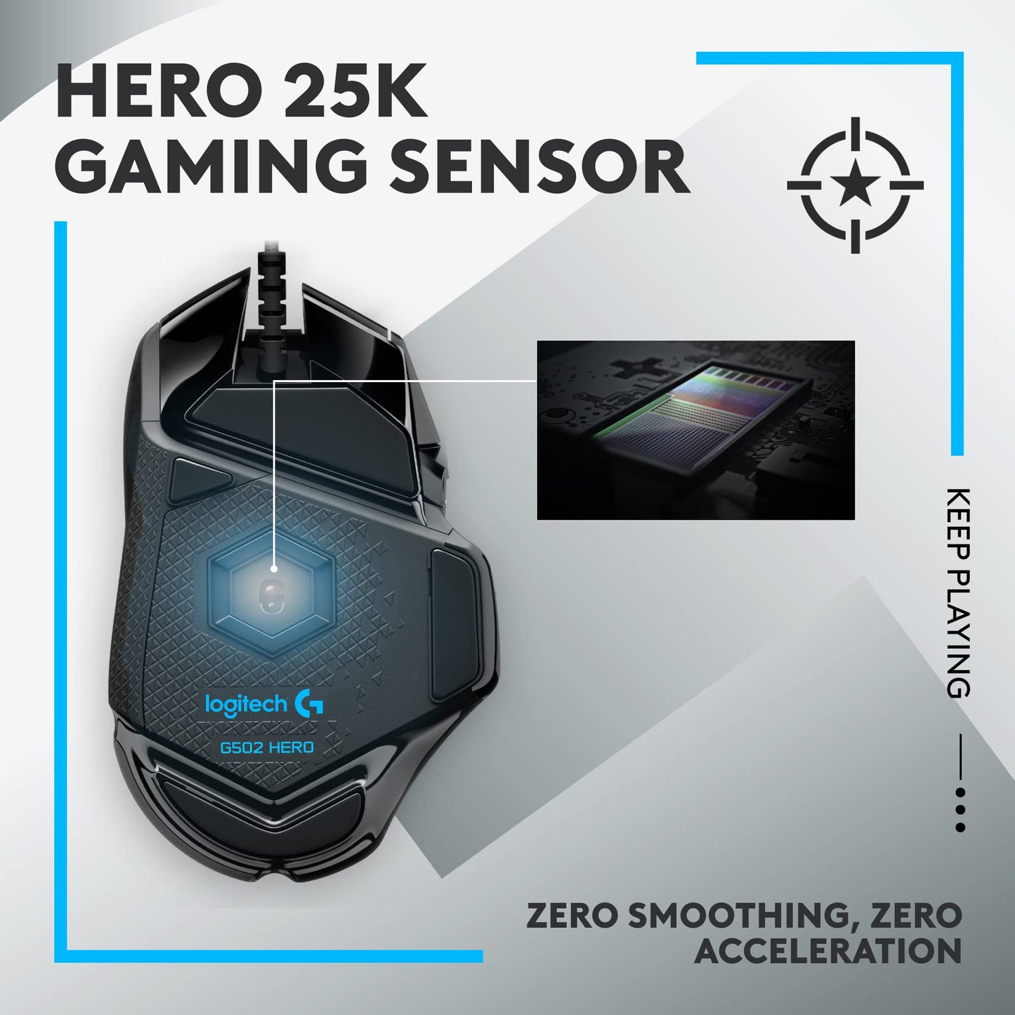 Ratón para juegos con cable de alto rendimiento Logitech G502 HERO, sensor HERO 25K, 25 600 DPI, RGB, pesos ajustables, 11 botones programables, memoria integrada, PC/Mac