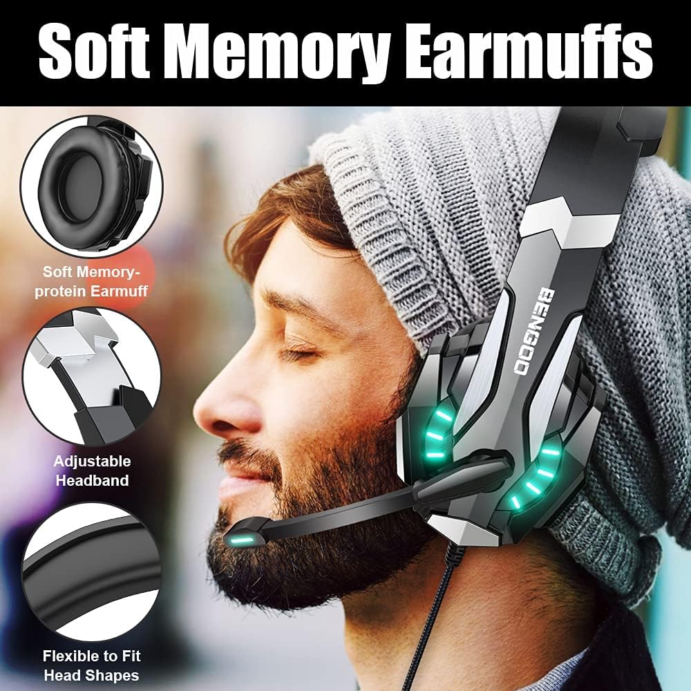 Auriculares estéreo para juegos BENGOO G9000 para PS4, PC, Xbox One, controlador PS5, auriculares con cancelación de ruido y micrófono, luz LED, graves envolventes, orejeras suaves con memoria (azul) 