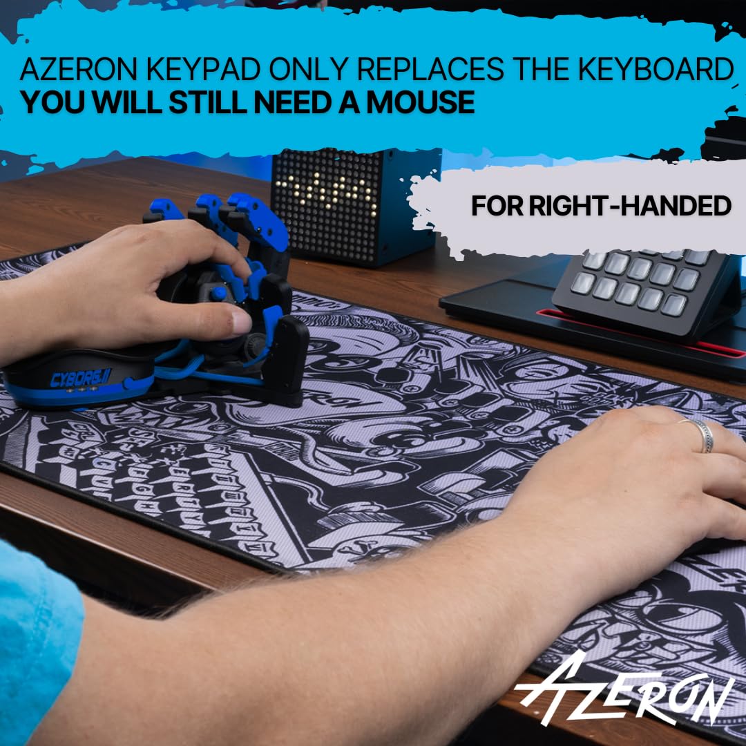 AZERON Gaming Keypad – Programmable One Handed Gaming Keyboard for PC Gaming, Hall effect Joystick and 30 Programmable Keys, 3D Printed Keypad for Righties (Blue, Cyborg II)