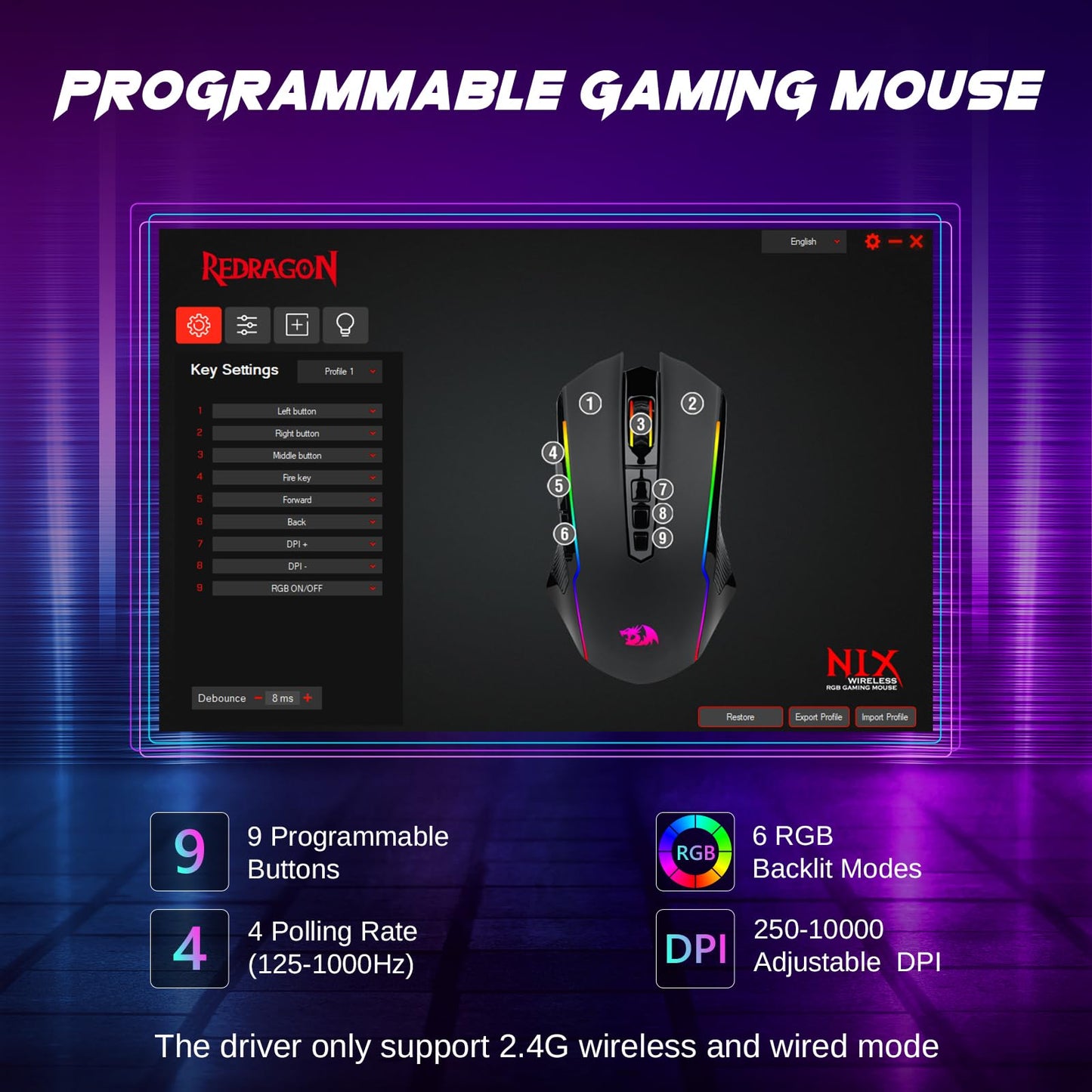 Redragon Gaming Mouse, Wireless Mouse Gaming with 8000 DPI, PC Gaming Mice with Fire Button, RGB Backlit Programmable Ergonomic Mouse Gamer, Rechargeable, 70Hrs for Windows, Mac Gamer, Black