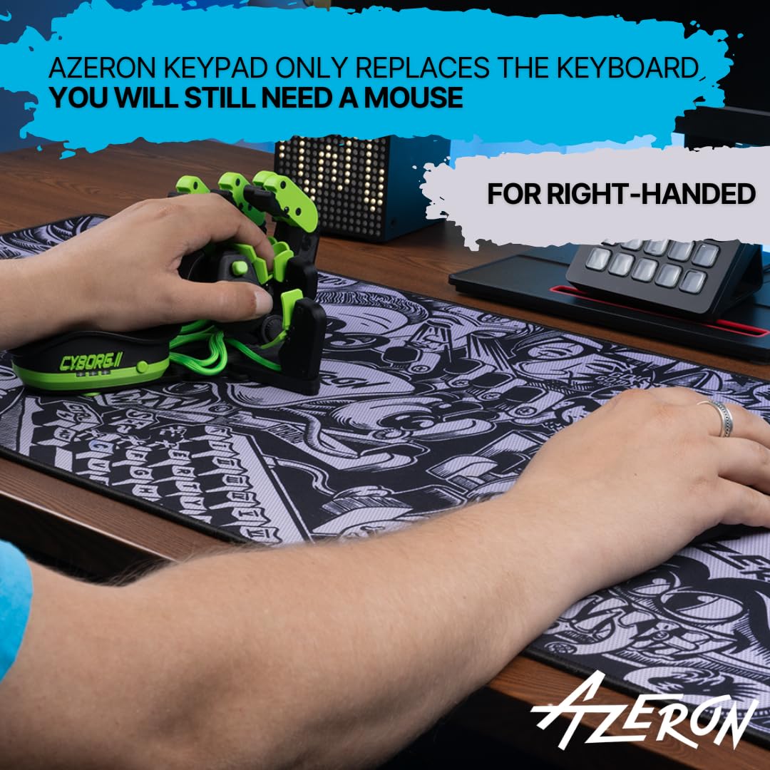 AZERON Gaming Keypad – Programmable One Handed Gaming Keyboard for PC Gaming, Hall effect Joystick and 30 Programmable Keys, 3D Printed Keypad for Righties (Blue, Cyborg II)