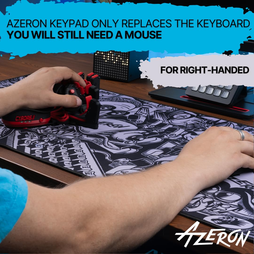 AZERON Gaming Keypad – Programmable One Handed Gaming Keyboard for PC Gaming, Hall effect Joystick and 30 Programmable Keys, 3D Printed Keypad for Righties (Blue, Cyborg II)