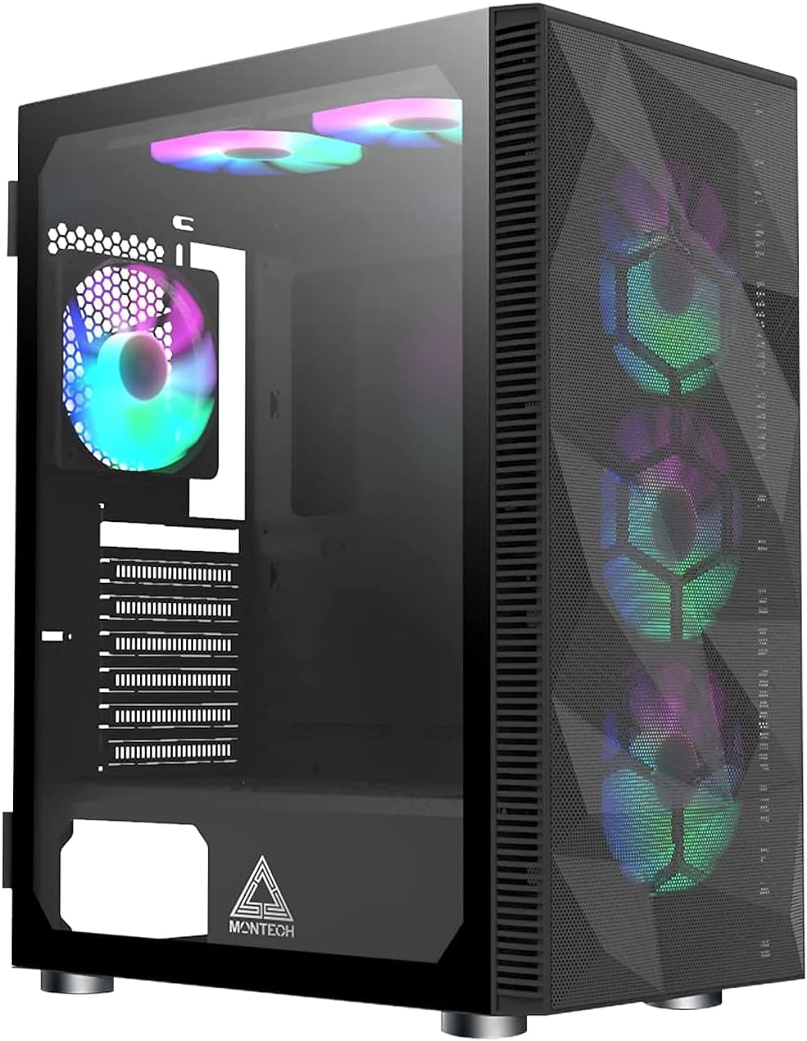 Montech X3 Mesh, 6 ventiladores (3 ventiladores de 140 mm y 3 ventiladores de 120 mm con iluminación RGB fija), gabinete para juegos de PC de torre media ATX, USB 3.0, panel lateral de vidrio templado con puerta abierta, alto flujo de aire, negro 