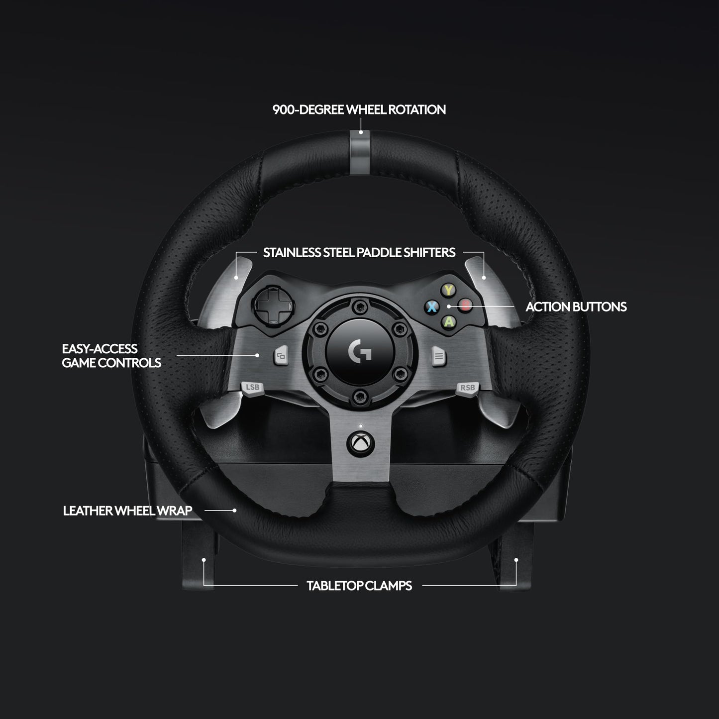 Volante de carreras y pedales de suelo Logitech G920 Driving Force, Force Feedback real, levas de cambio de acero inoxidable, funda de cuero para volante para Xbox Series X|S, Xbox One, PC, Mac - Negro 