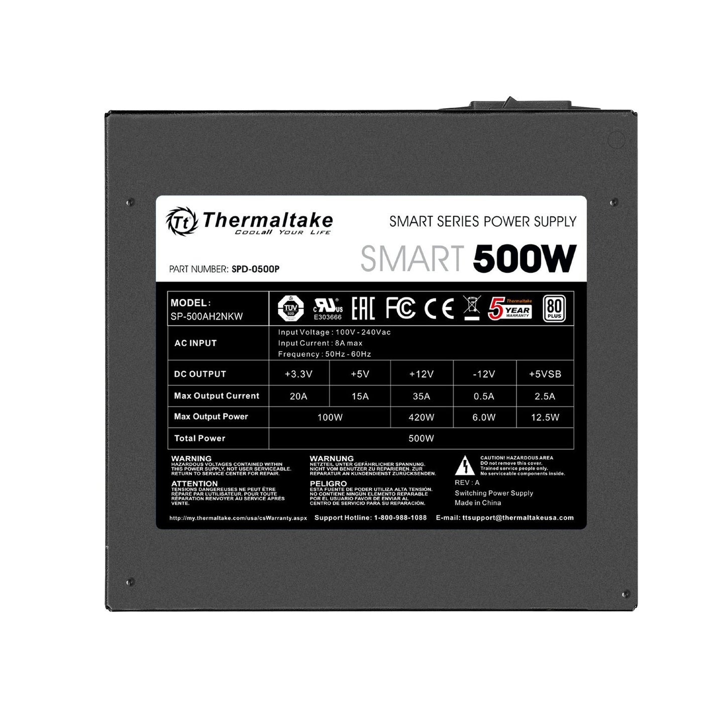 Thermaltake Smart 500W 80+ White Certified PSU, Continuous Power with 120mm Ultra Quiet Cooling Fan, ATX 12V V2.3/EPS 12V Active PFC Power Supply PS-SPD-0500NPCWUS-W