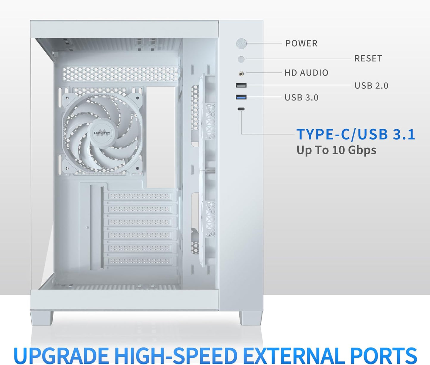 MUSETEX ATX PC Case, 360MM RAD Support, 3 x 120mm Non-ARGB Fans Pre-Installed, 270° Full View Tempered Glass Gaming PC Case with Type-C, Mid Tower ATX Computer Case, White, Y6