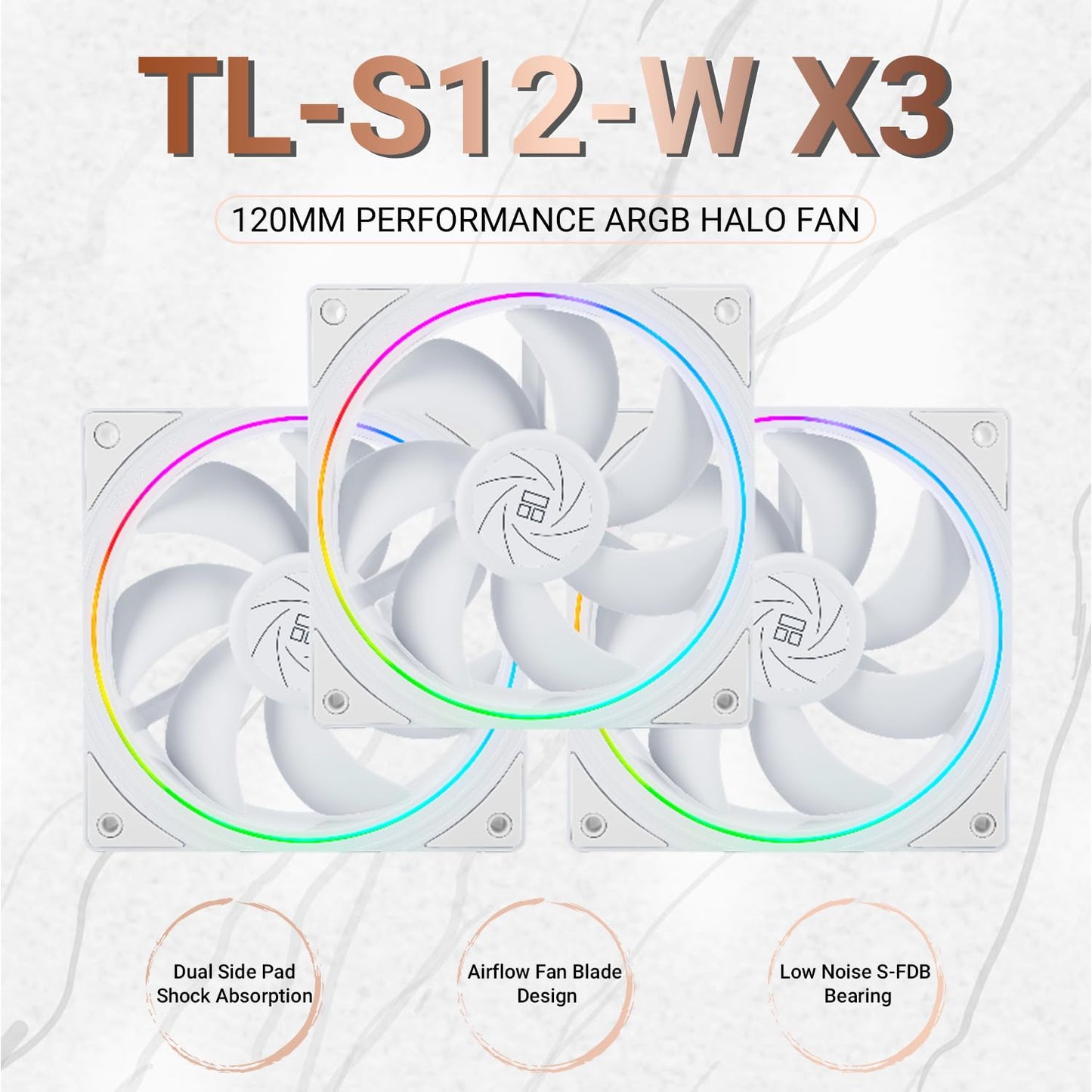 Thermalright TL-S12W X3 CPU Fan 120mm Case Cooler Fan Comes with ARGB Lighting Effect,PC PWM Silent Computer Fan with 1500RPM Speed, CPU Cooling Fan White（3-Pack）