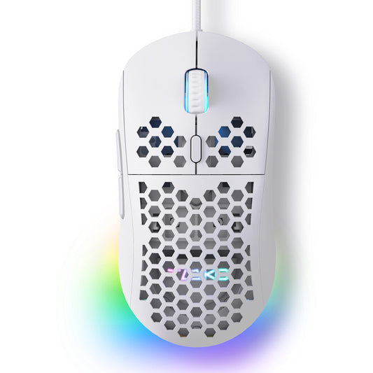 Ratón para juegos ultraligero con diseño de panal Falcon M1SE de TMKB, sensor óptico de alta precisión de 12800 DPI, 6 botones programables, RGB personalizable, paracord sin arrastre, ergonómico, con cable, blanco mate 