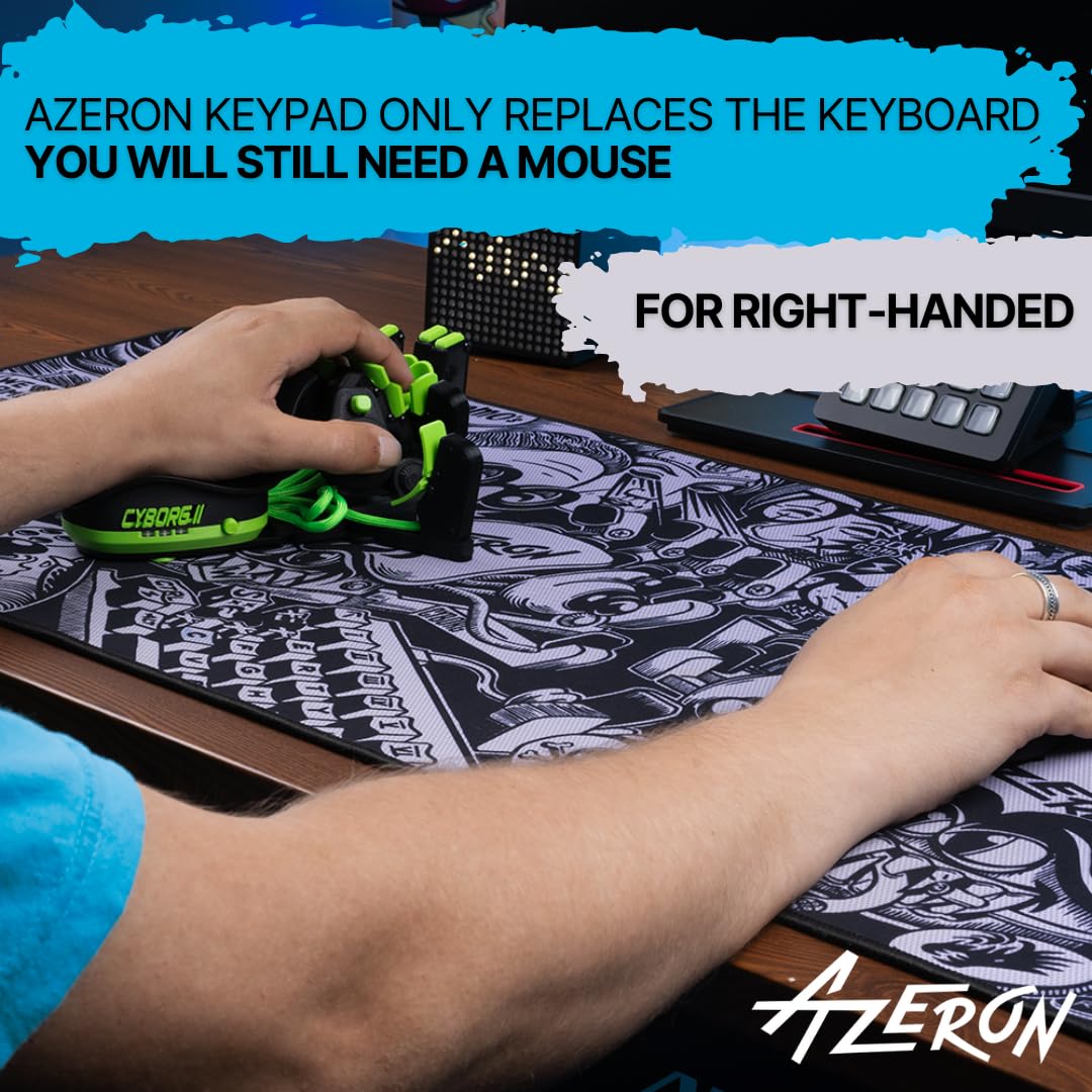 AZERON Gaming Keypad – Programmable One Handed Gaming Keyboard for PC Gaming, Hall effect Joystick and 30 Programmable Keys, 3D Printed Keypad for Righties (Blue, Cyborg II)