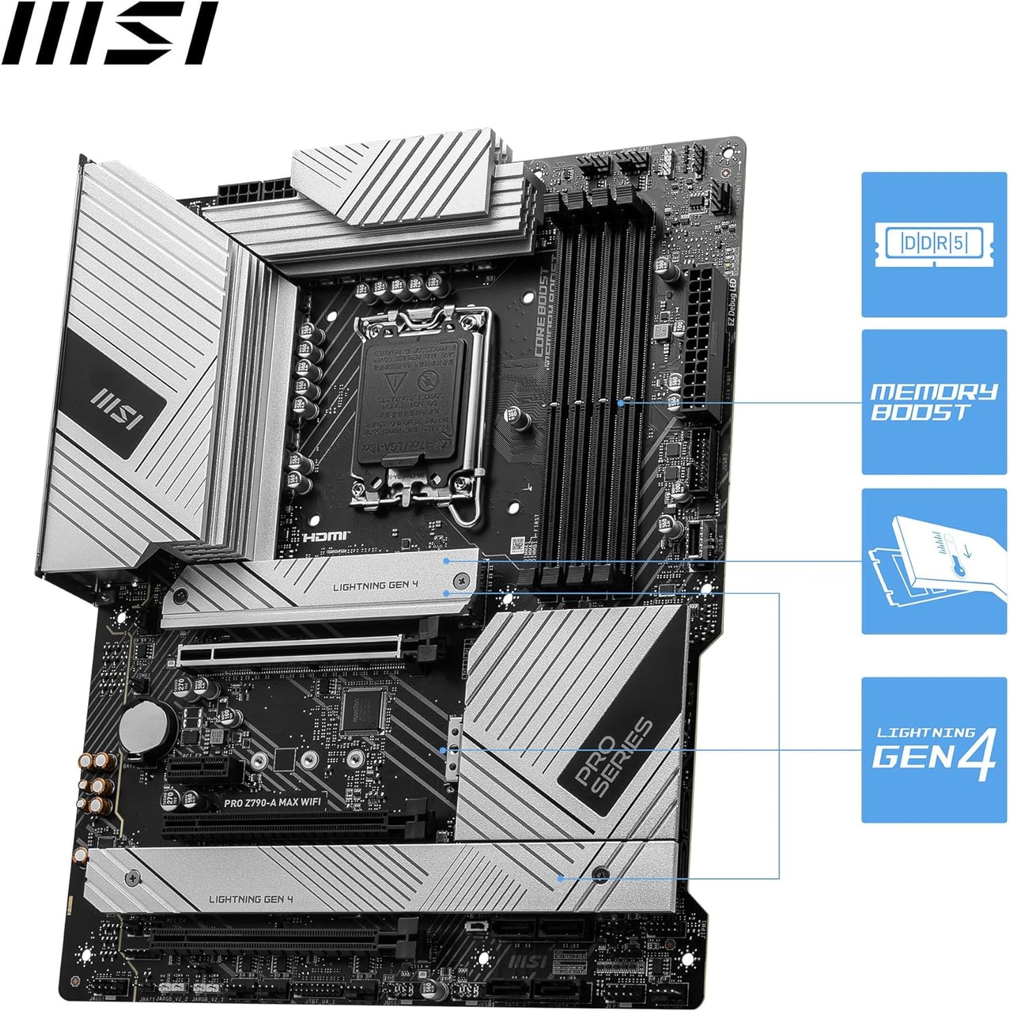 MSI PRO Z790-A MAX WiFi ProSeries Motherboard (Supports 12th/13th/14th Gen Intel Processors, LGA 1700, DDR5, PCIe 5.0, M.2, SATA 6G, 2.5Gbps LAN, USB 3.2 Gen2, Wi-Fi 7, Bluetooth 5.4, ATX)