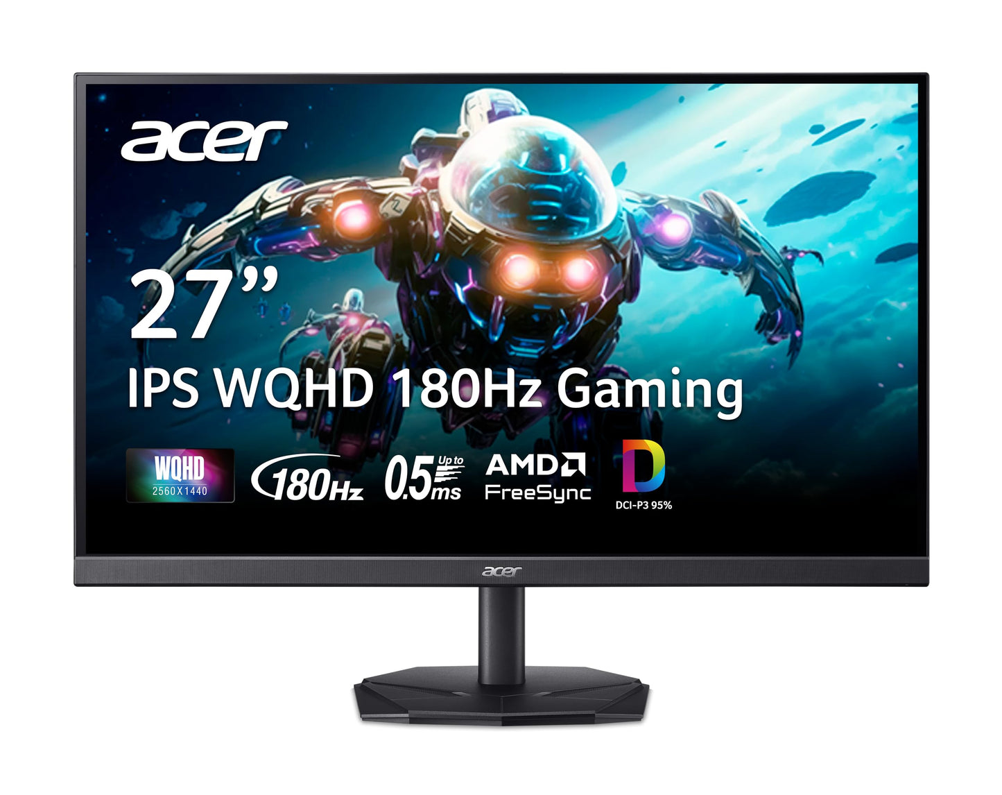 Acer Nitro 27" WQHD 2560 x 1440 IPS Gaming Monitor | AMD FreeSync | Up to 180Hz Refresh | Up to 0.5ms | DCI-P3 95% | HDR 10 Support | 1 x Display Port 1.2 & 2 x HDMI 2.0 | KG271U N3bmiipx