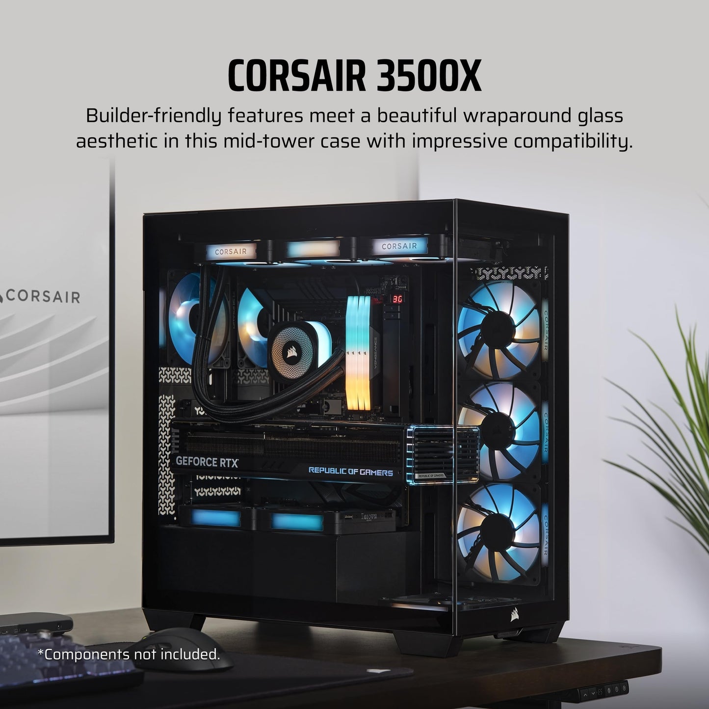 Caja para PC ATX de torre intermedia CORSAIR 3500X ARGB – Vidrio templado panorámico – Compatible con placa base con conexión inversa – 3 ventiladores CORSAIR RS120 ARGB incluidos – Blanco 