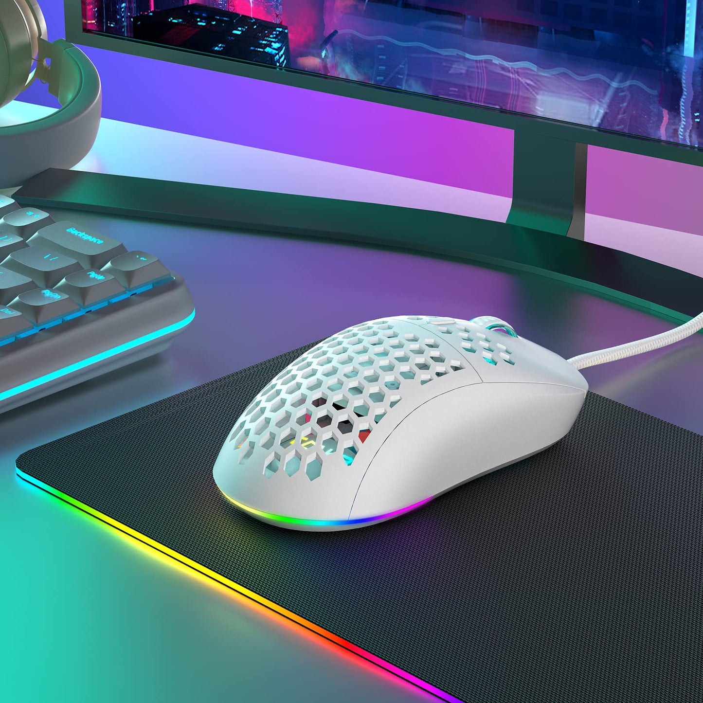 TMKB Falcon M1SE Ultralight Honeycomb Gaming Mouse, High-Precision 12800DPI Optical Sensor, 6 Programmable Buttons, Customizable RGB, Drag-Free Paracord, Ergonomic, Wired - Matte White