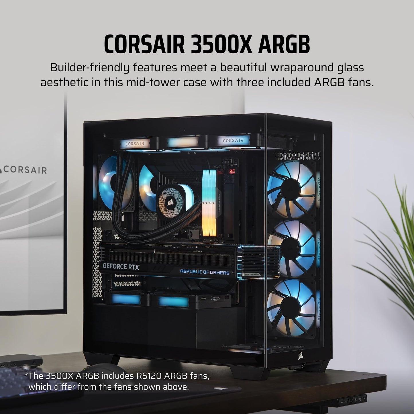 Caja para PC ATX de torre intermedia CORSAIR 3500X ARGB – Vidrio templado panorámico – Compatible con placa base con conexión inversa – 3 ventiladores CORSAIR RS120 ARGB incluidos – Blanco 