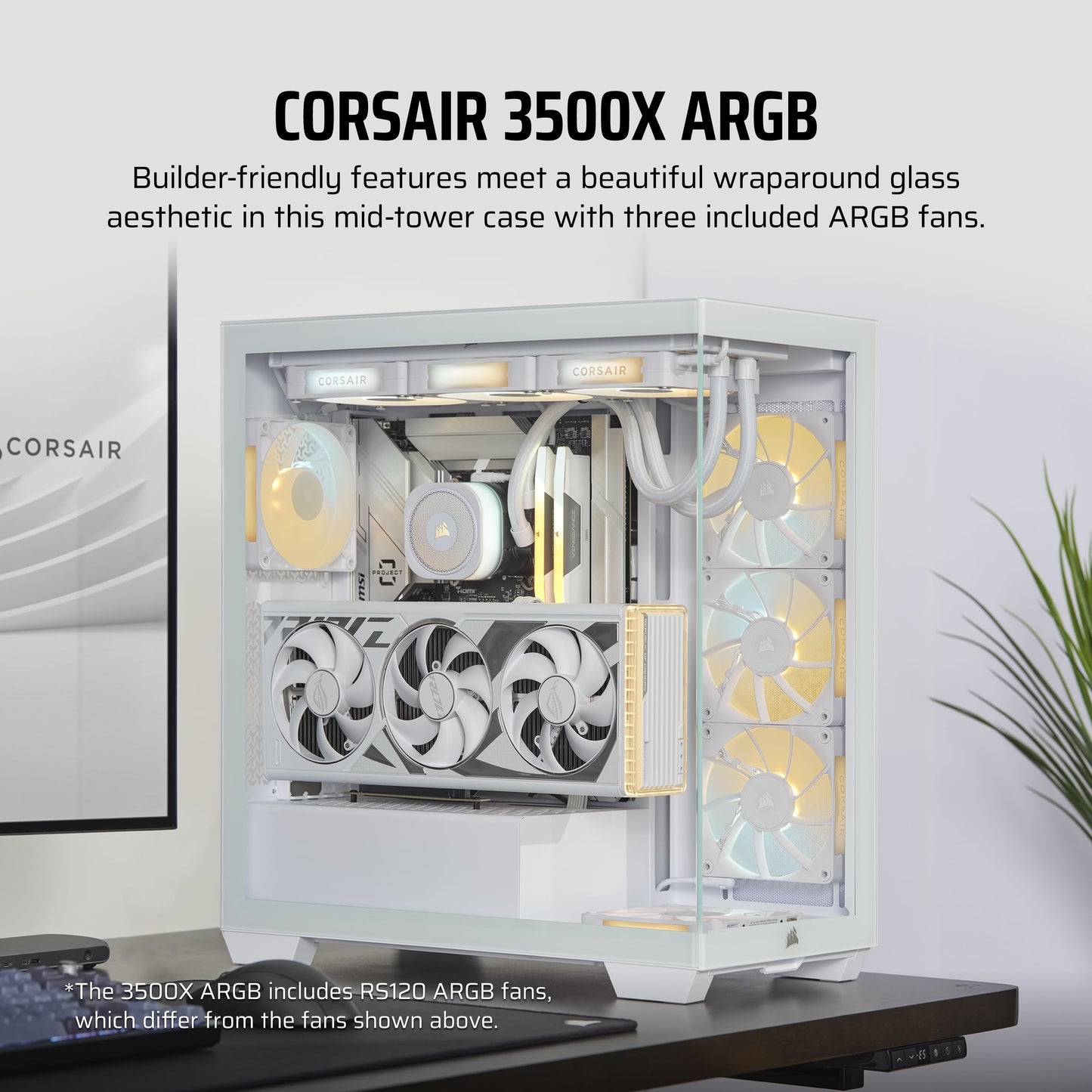 Caja para PC ATX de torre intermedia CORSAIR 3500X ARGB – Vidrio templado panorámico – Compatible con placa base con conexión inversa – 3 ventiladores CORSAIR RS120 ARGB incluidos – Blanco 