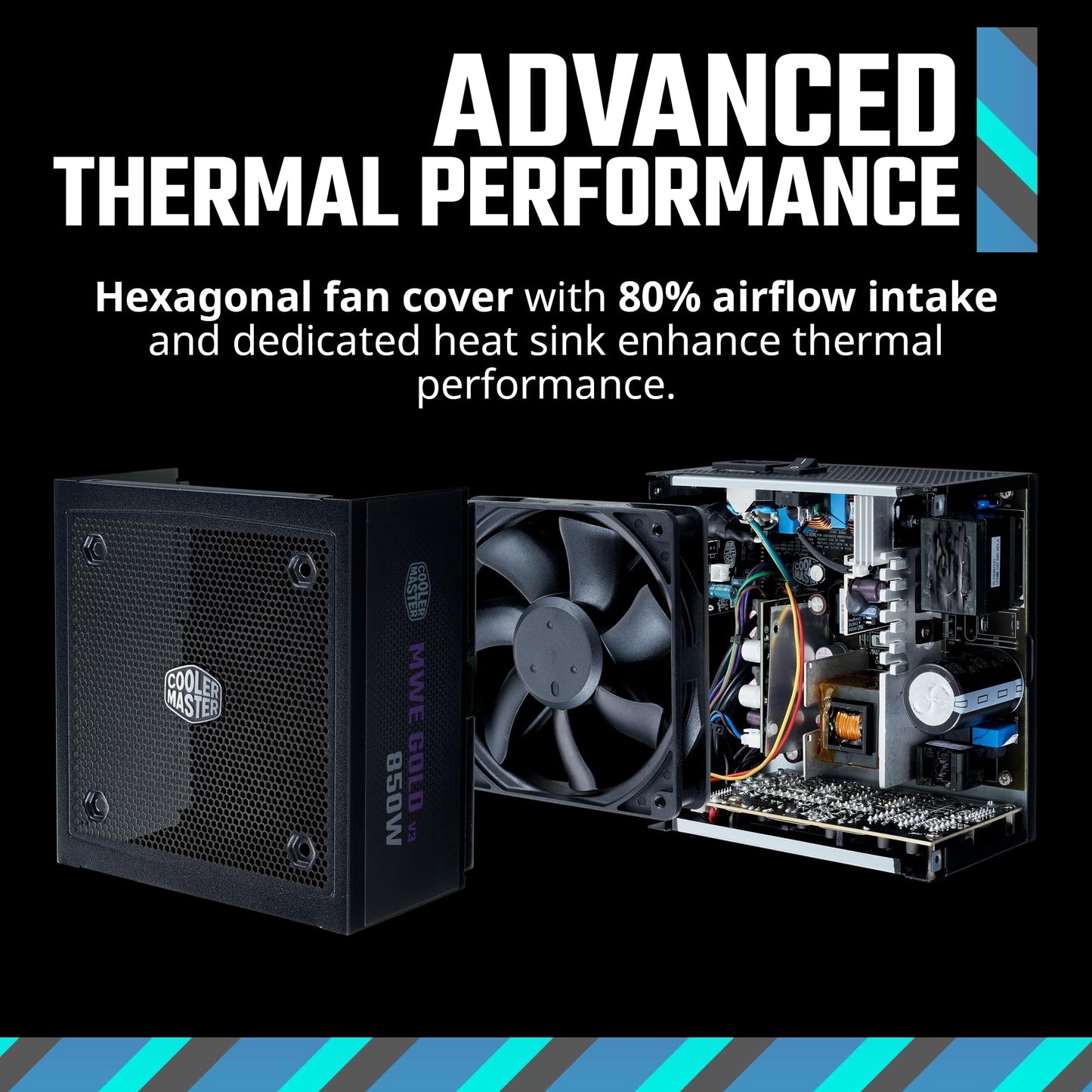 Cooler Master MWE Gold 850 V2 Full Modular, 850W, 80+ Gold Efficiency, 2 EPS Connectors, 120mm HDB Fan, Semi-fanless Operation, 5 Year Warranty