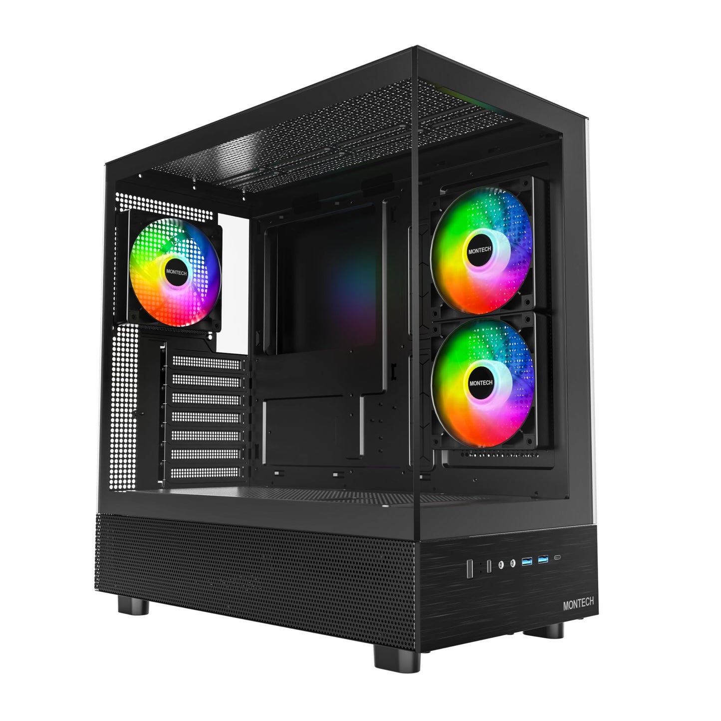 Montech X3 Mesh, 6 ventiladores (3 ventiladores de 140 mm y 3 ventiladores de 120 mm con iluminación RGB fija), gabinete para juegos de PC de torre media ATX, USB 3.0, panel lateral de vidrio templado con puerta abierta, alto flujo de aire, negro 