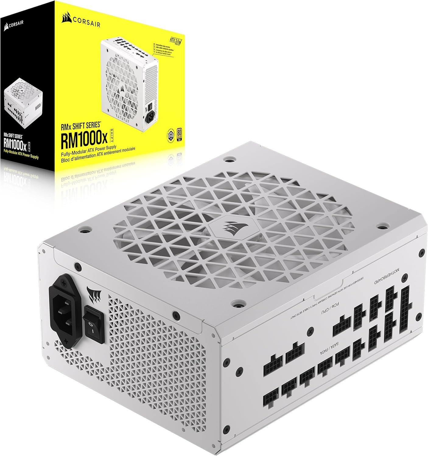 CORSAIR RM1000x Shift Fully Modular ATX Power Supply - 80 Plus Gold - ATX 3.0 - PCIe 5.0 - Zero RPM - Modular Side Interface - White