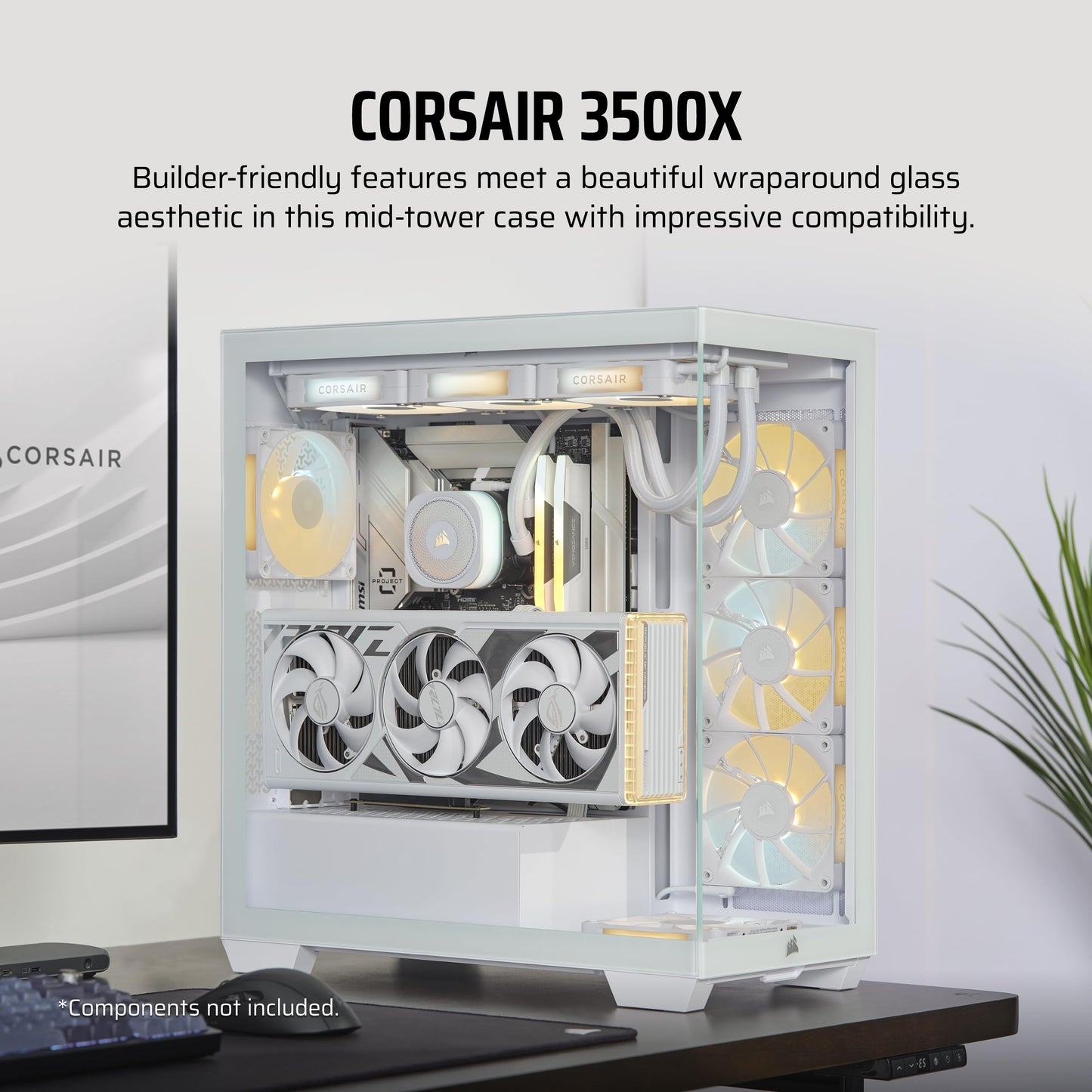 Caja para PC ATX de torre intermedia CORSAIR 3500X ARGB – Vidrio templado panorámico – Compatible con placa base con conexión inversa – 3 ventiladores CORSAIR RS120 ARGB incluidos – Blanco 