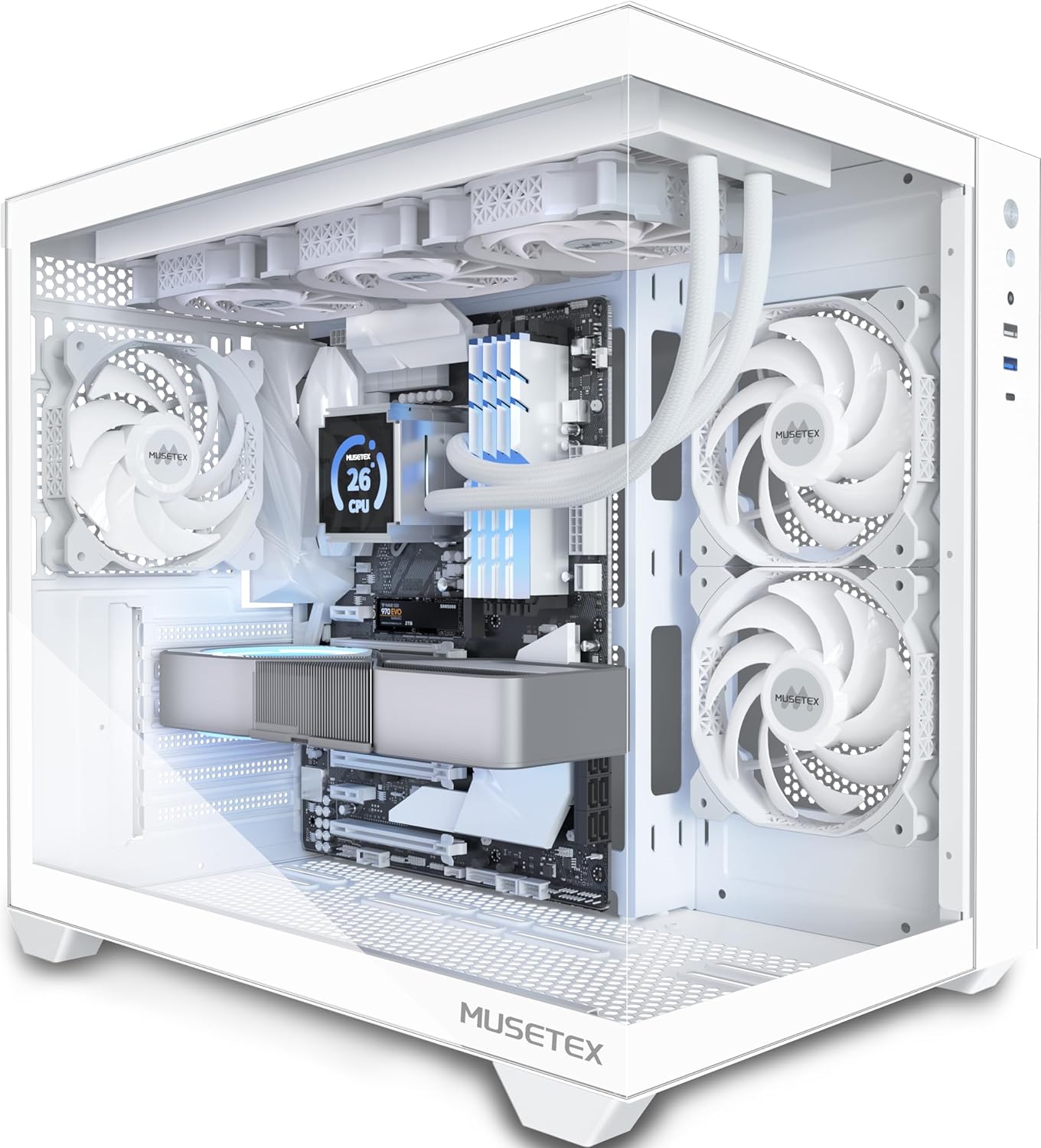 MUSETEX ATX PC Case, 360MM RAD Support, 3 x 120mm Non-ARGB Fans Pre-Installed, 270° Full View Tempered Glass Gaming PC Case with Type-C, Mid Tower ATX Computer Case, White, Y6