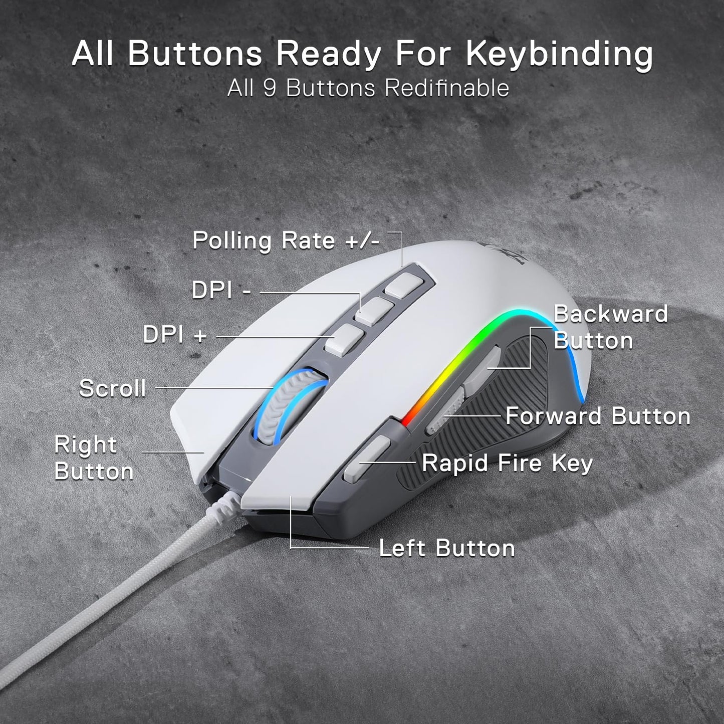 Ratón para juegos Redragon M612 Predator RGB, ratón óptico con cable de 8000 DPI con 11 botones programables y 5 modos de retroiluminación, software compatible con combinaciones de teclas DIY, botón de disparo rápido 