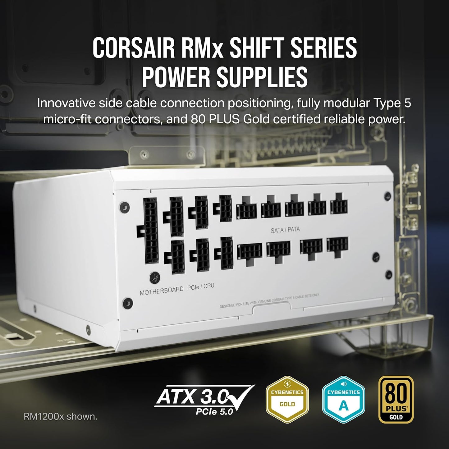 Fuente de alimentación ATX totalmente modular CORSAIR RM1000x Shift - 80 Plus Gold - ATX 3.0 - PCIe 5.0 - Zero RPM - Interfaz lateral modular - Blanco 